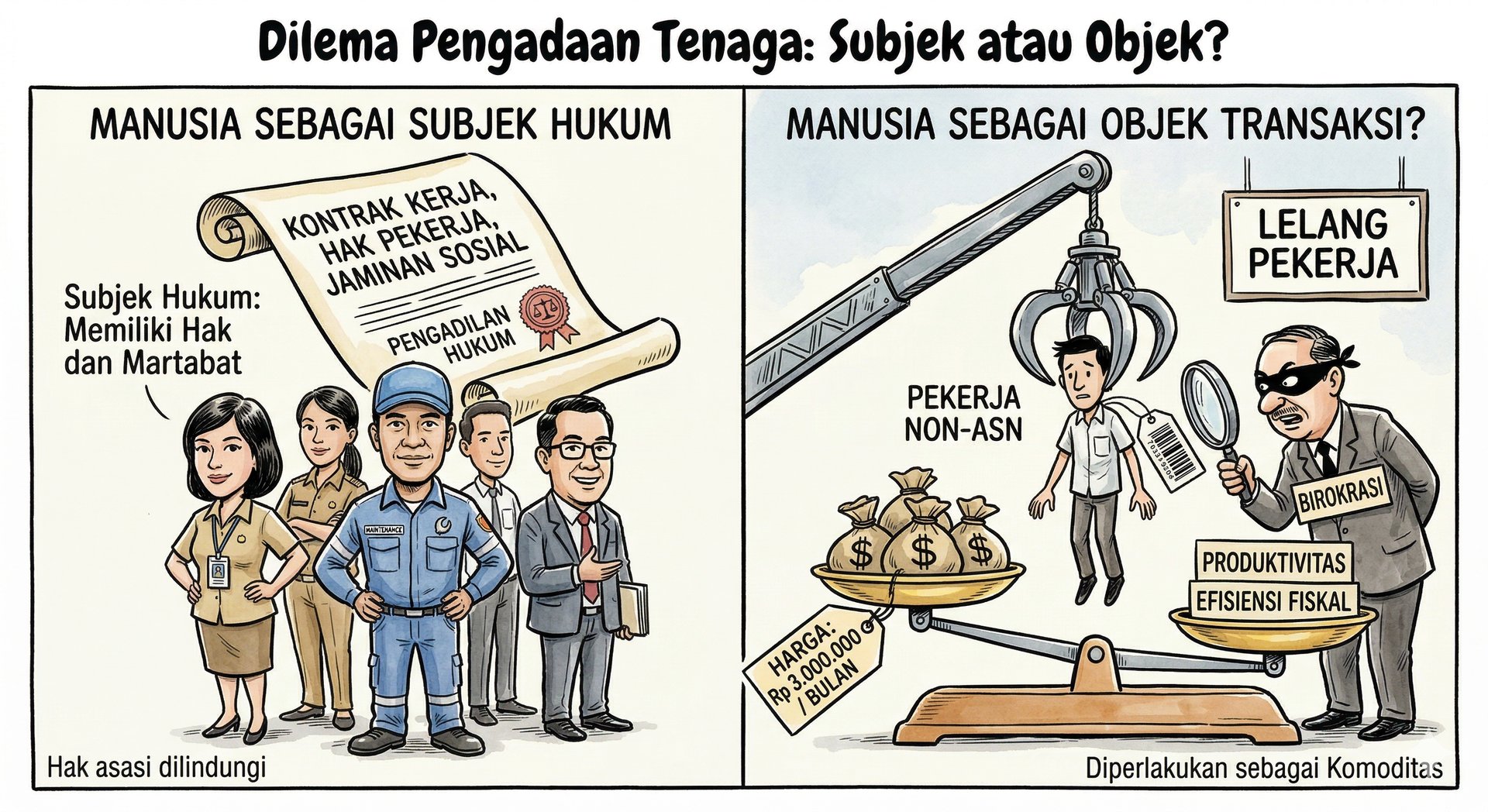 Infographic comparing human labor as legal subjects with rights versus objects of transaction in bureaucracy.