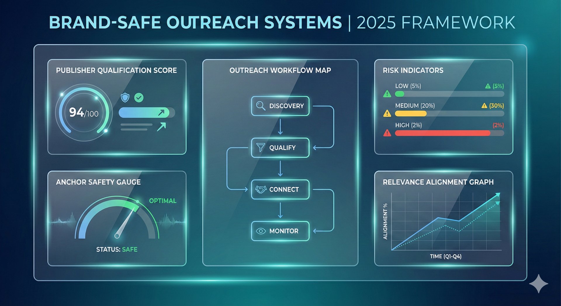 Brand-safe outreach systems dashboard showing publisher qualification score, anchor safety gauge, ri