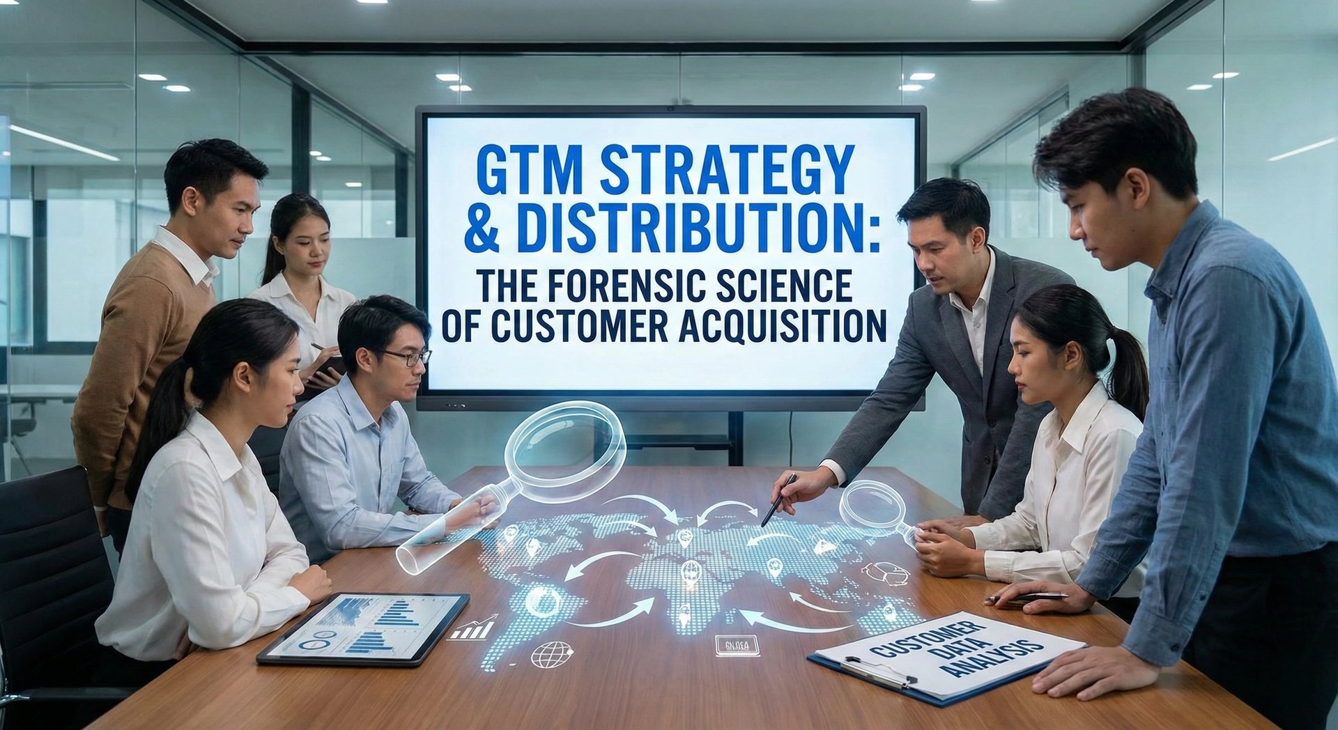A group of business professionals in a conference room discuss "GTM Strategy & Distribution: The For