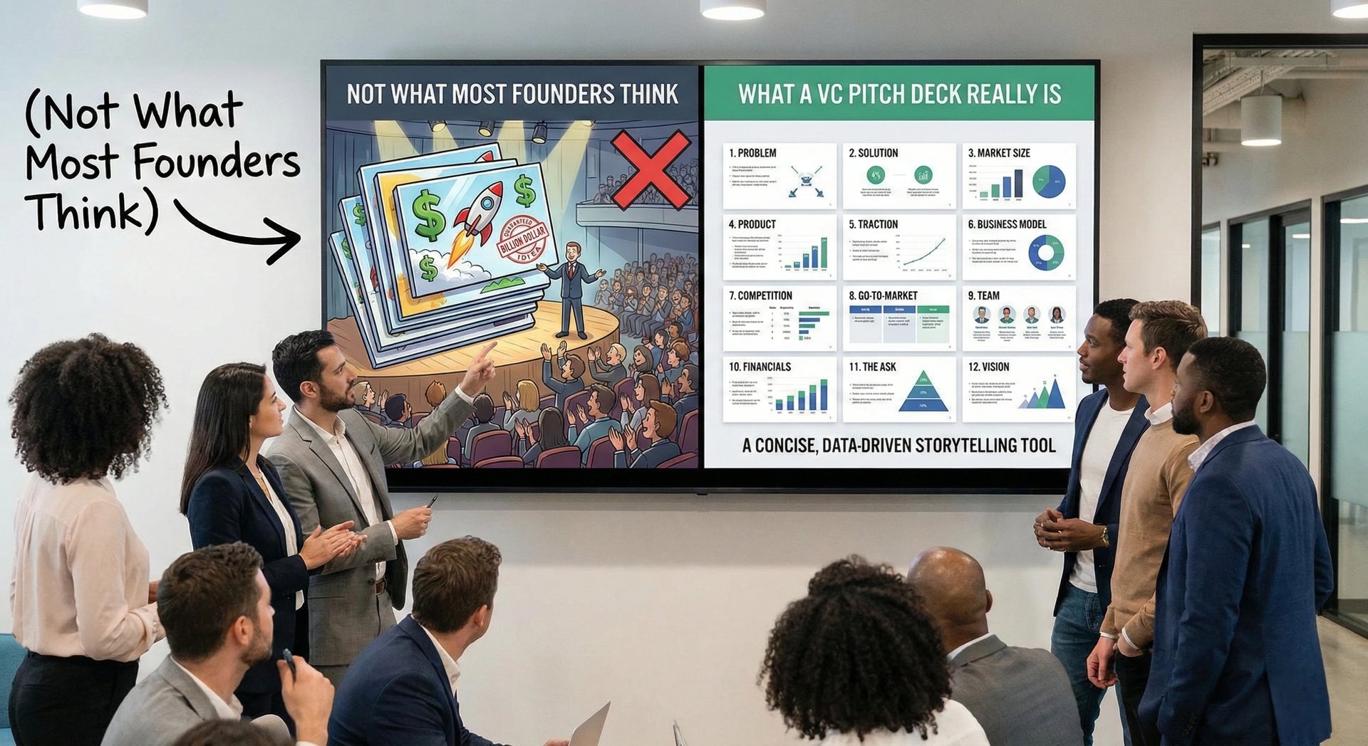 Comparison of pitch deck expectation versus reality