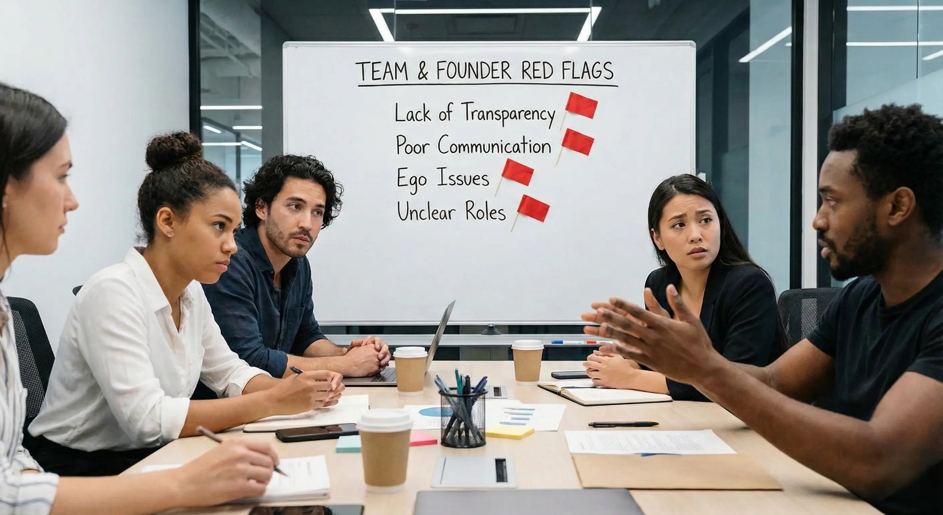 Startup team meeting discussing founder red flags