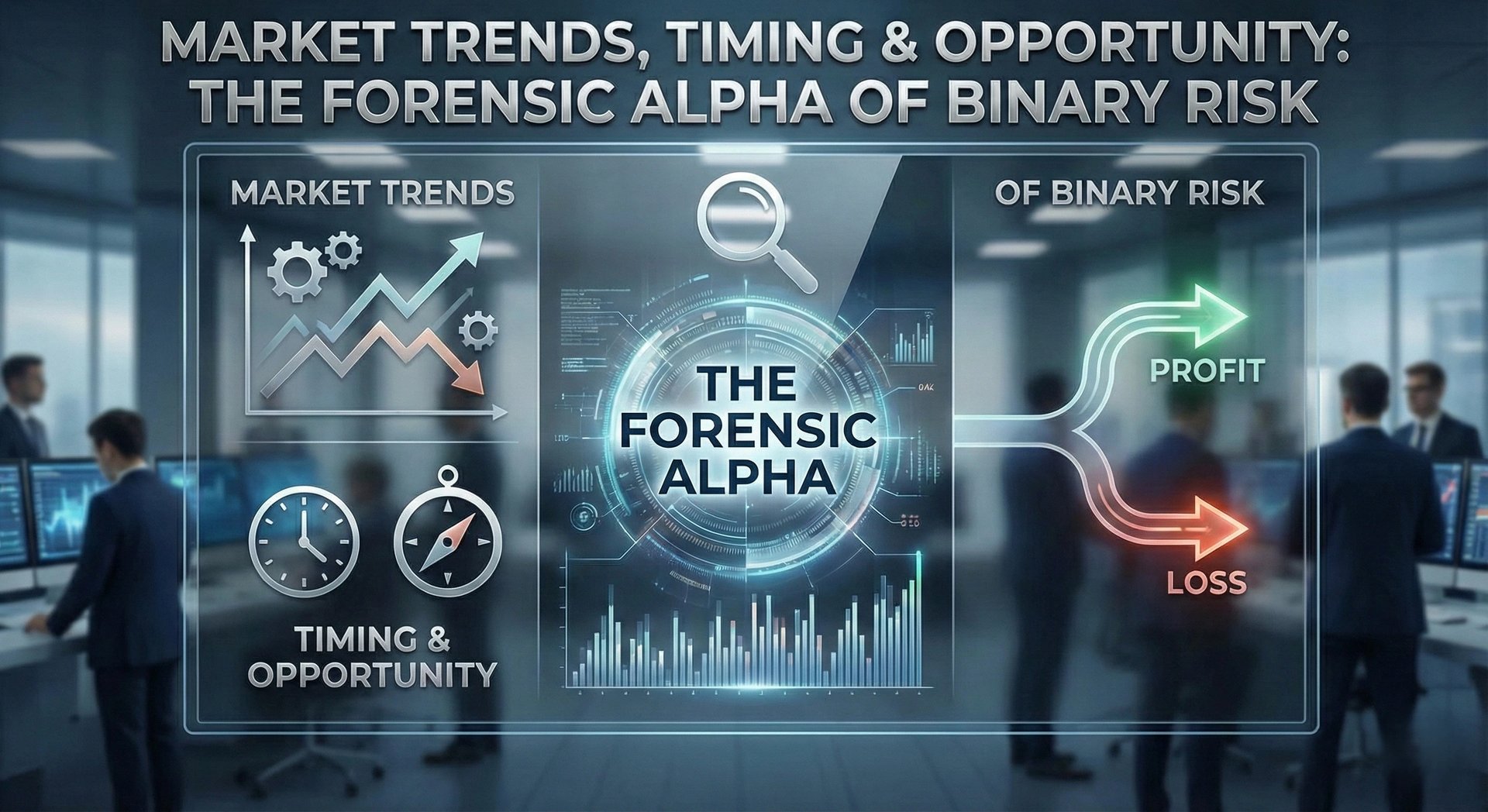 Financial dashboard illustrating market trends, timing, and forensic alpha in binary risk analysis.