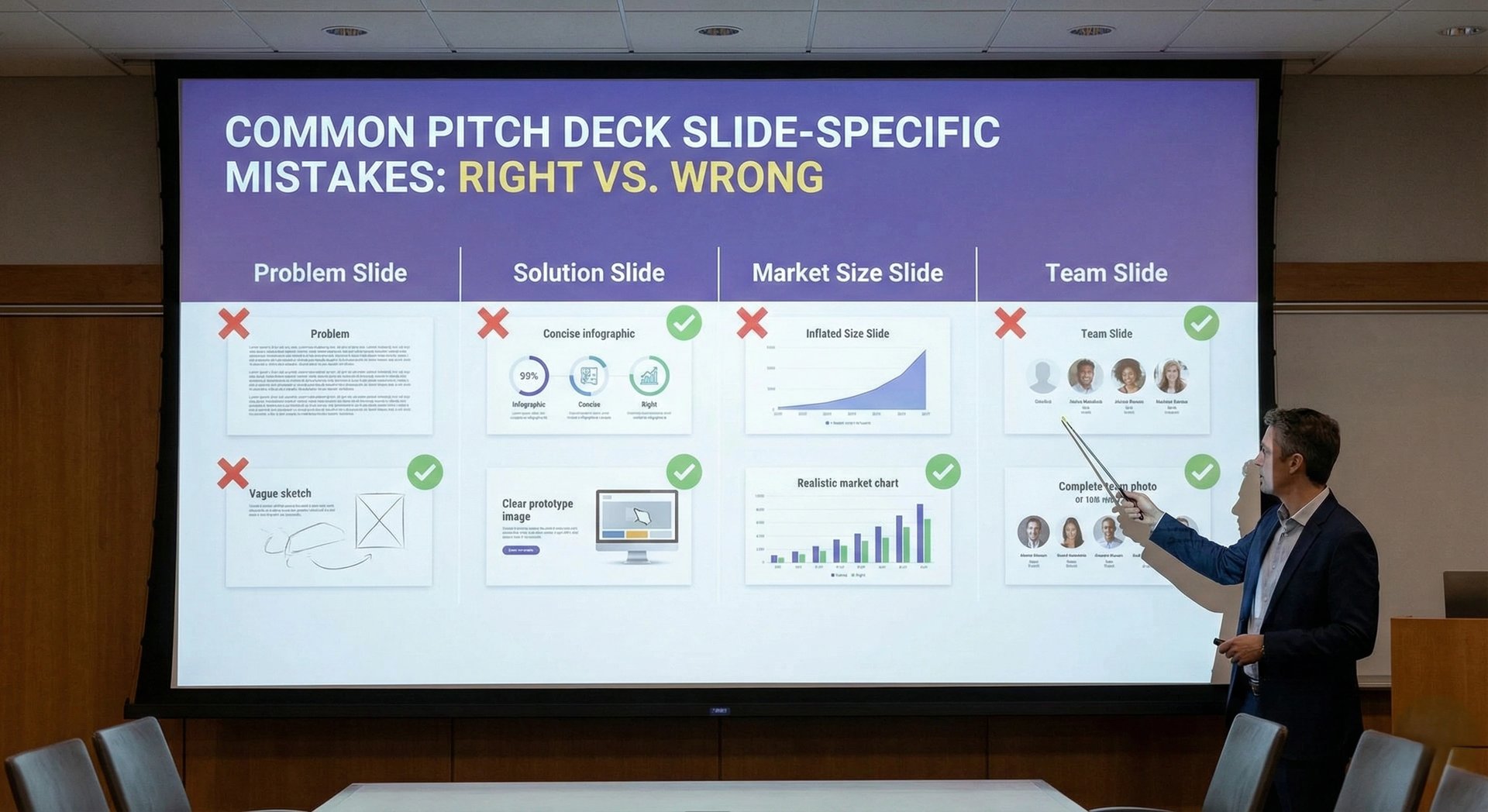 Presentation showing common pitch deck slide mistakes comparison
