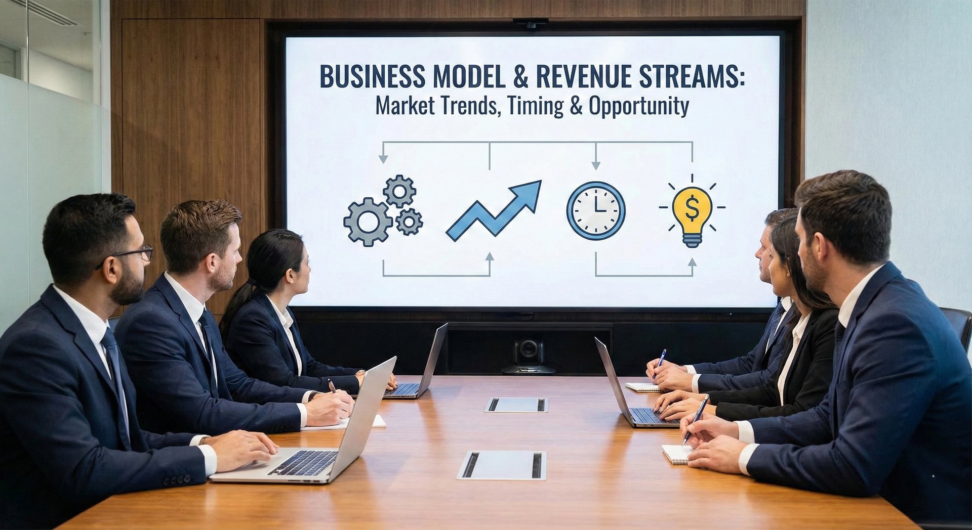 A group of businesspeople in a boardroom meeting are looking at a large screen presentation titled "