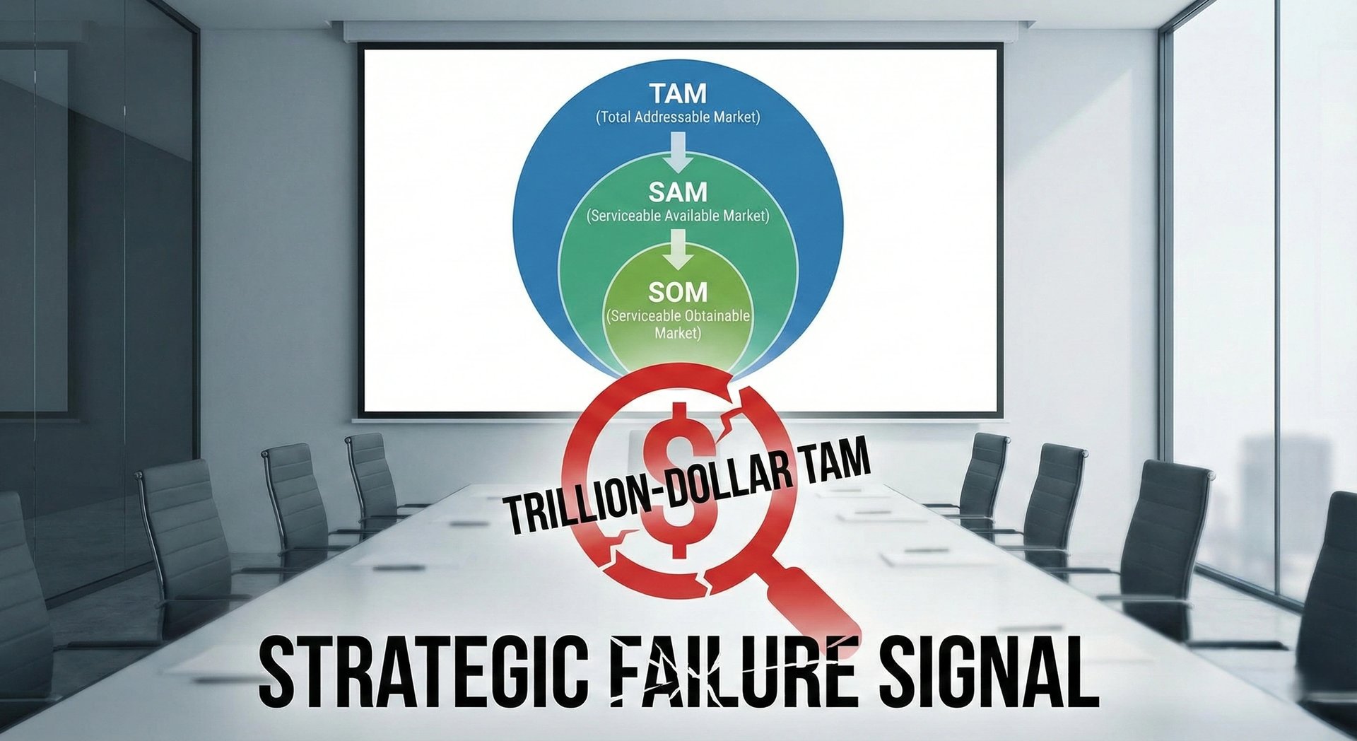 TAM SAM SOM market sizing diagram in a boardroom with overlay text identifying a Trillion-Dollar TAM