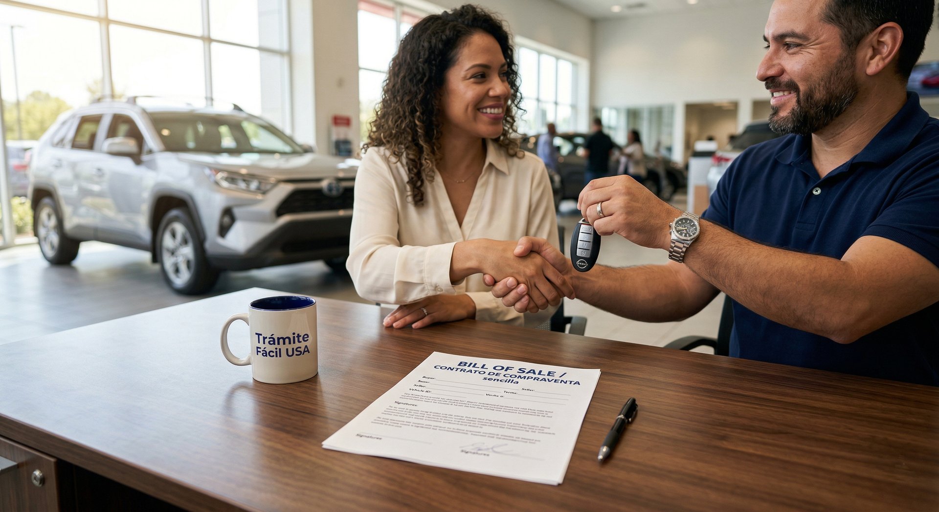 Apreton de manos entre comprador y vendedor en USA tras firmar un **contrato de compraventa sencillo Bill of Sale