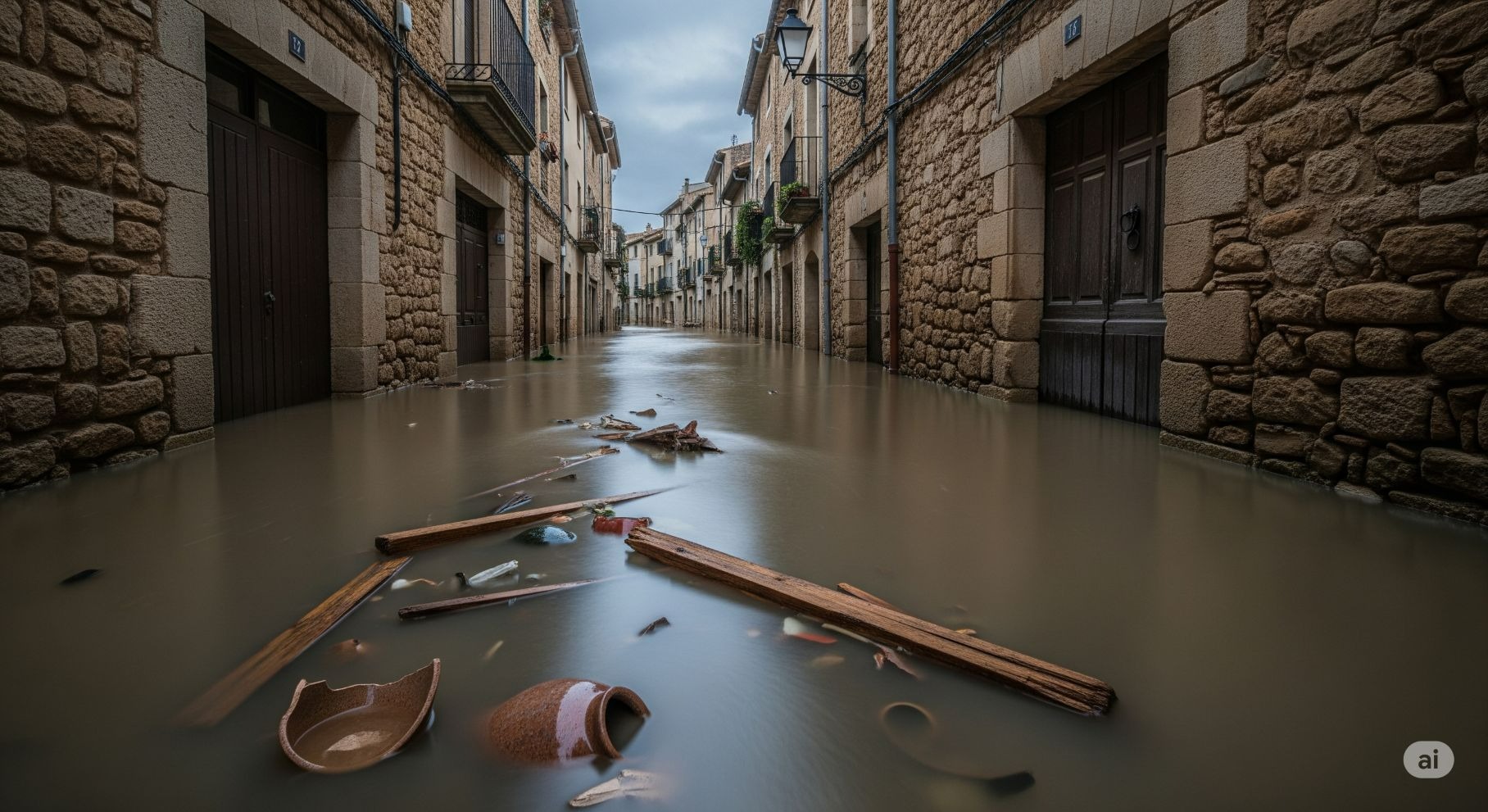 Calle estrecha de un pueblo histórico en Cataluña completamente inundada con agua turbia y escombros tras las lluvias torrenc