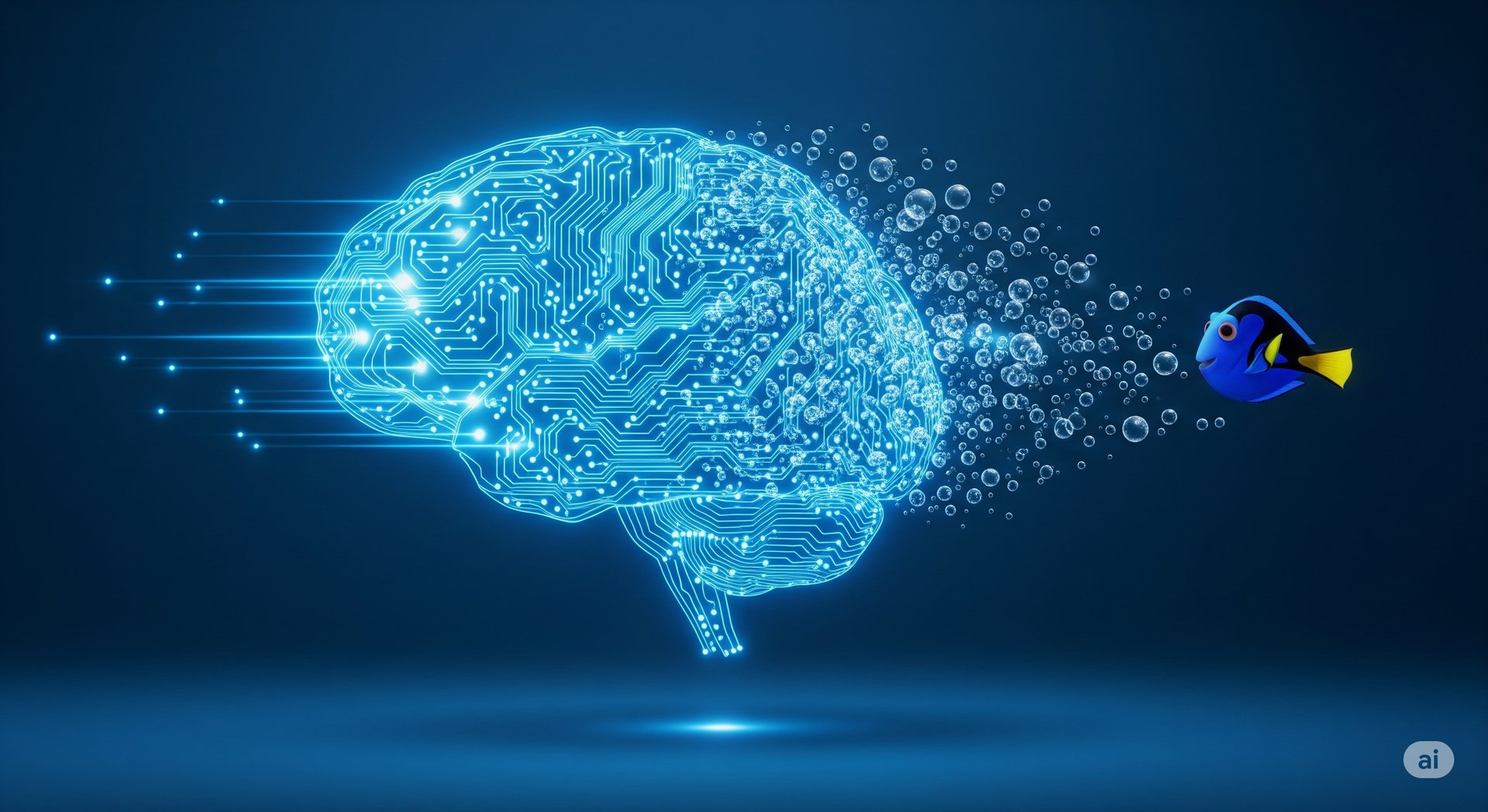 Cerebro digital brillante cuyos datos se disuelven en burbujas, simbolizando la memoria de la IA. Y de las burbujas sale Dory