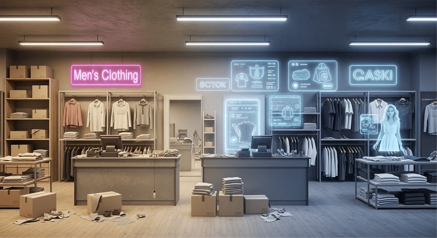 Traditional Malaysian shop transitioning into a futuristic digital business with holographic overlays, symbolizing digital tr