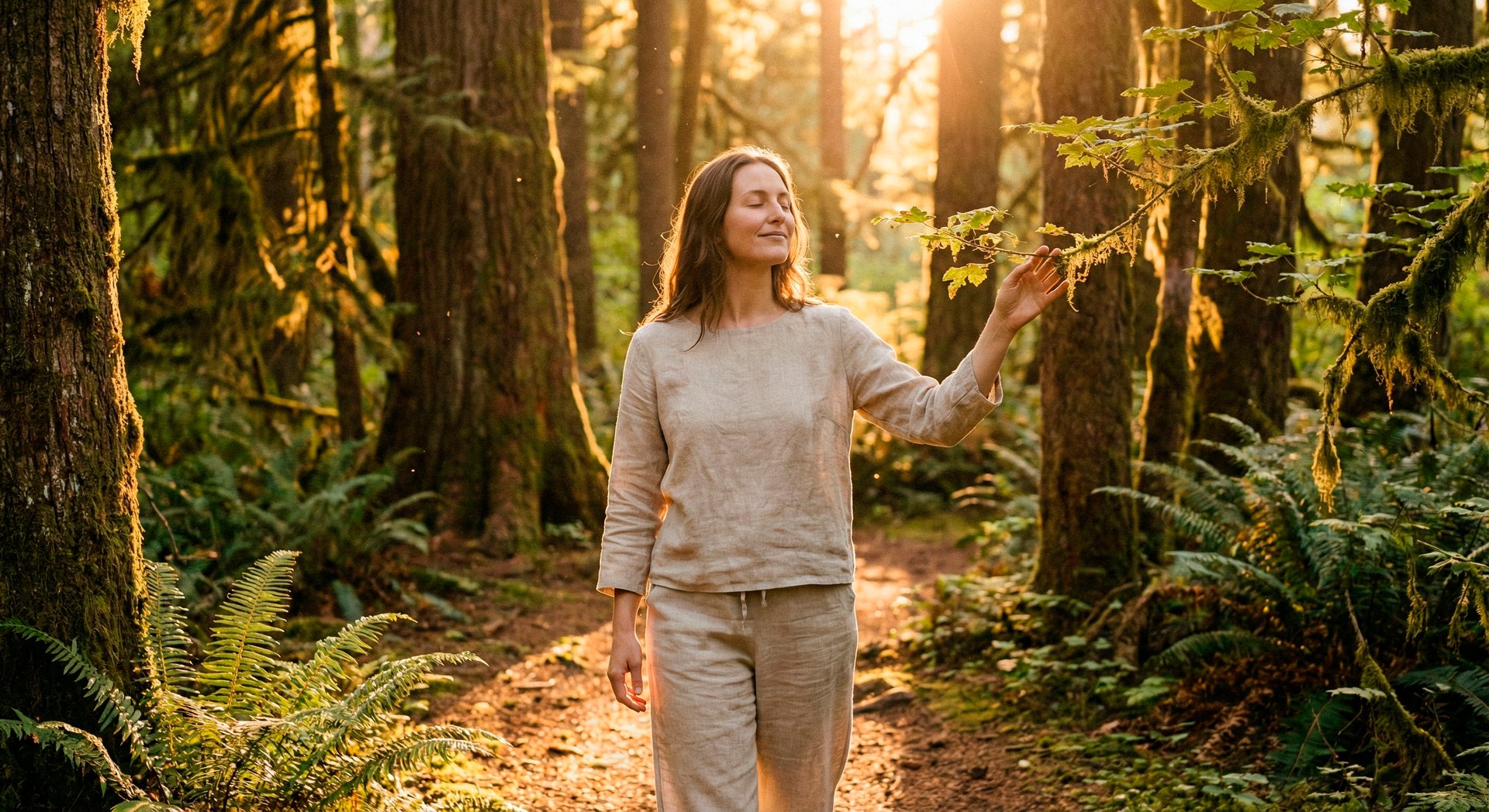 Um mulher caminha entre as árvores, sob a luz do sol, demonstrando confiança e relaxamento.
