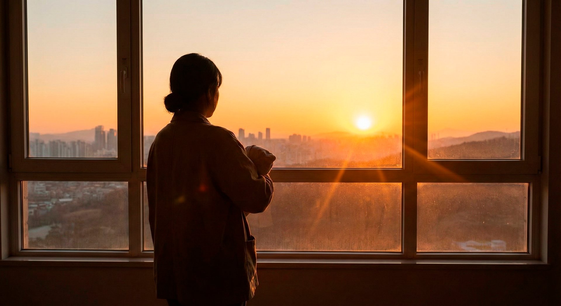 A mulher segura algo, enquanto olha pela janela e vê o sol nascer por cima do horizonte da cidade.
