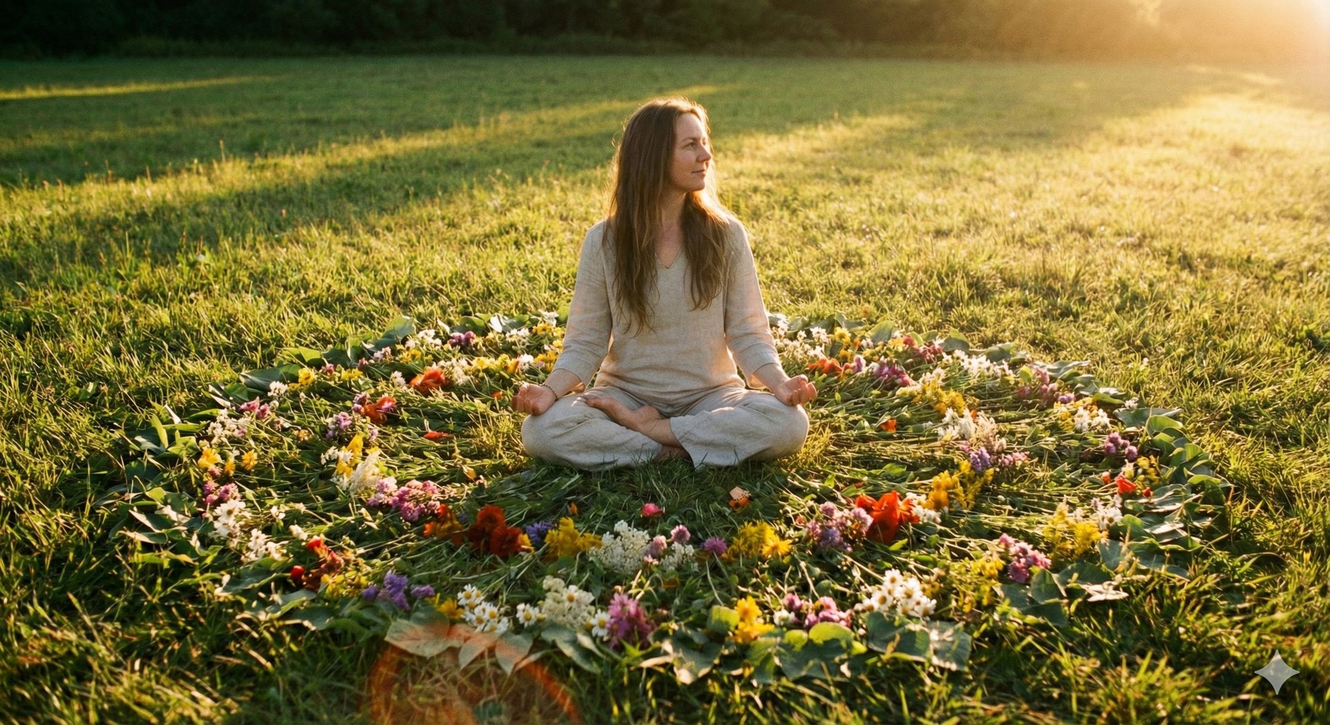 Uma mulher sentada na grama em posição de meditação e rodeada de flores formando uma mandala..