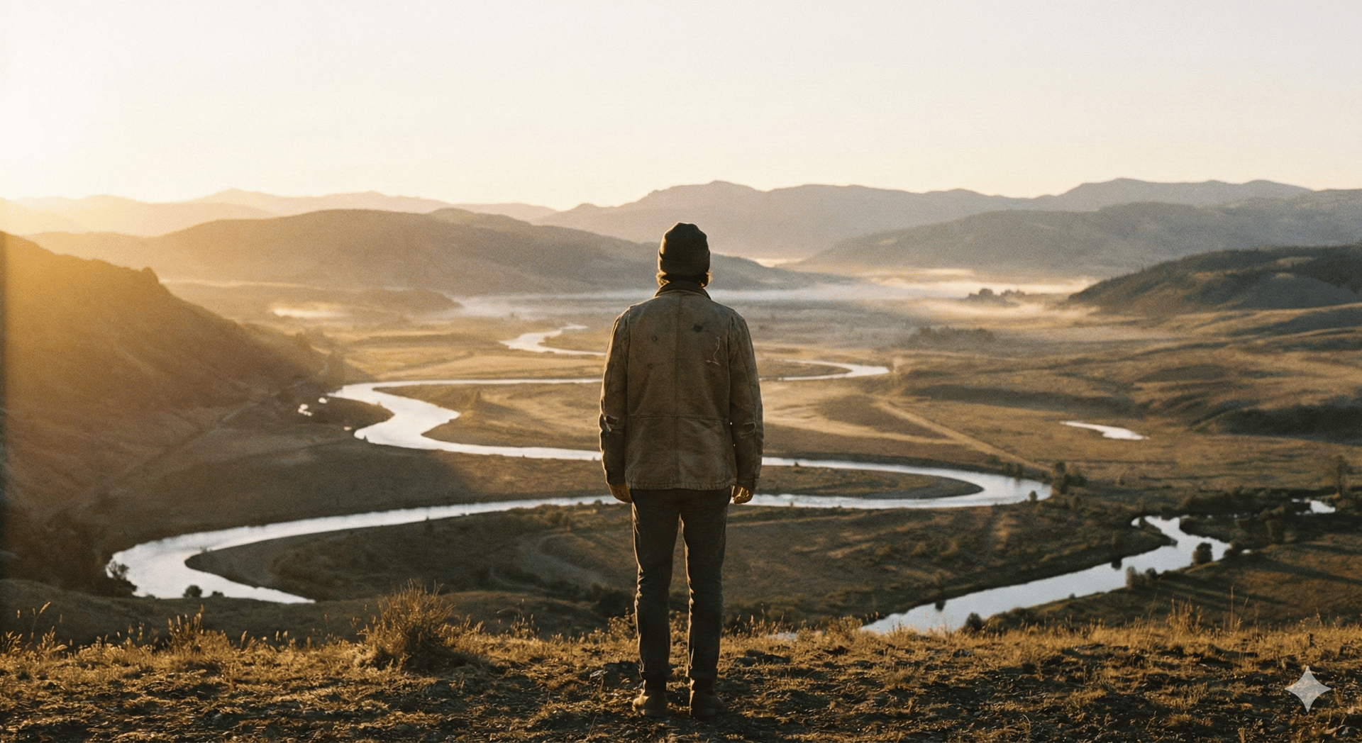 O homem de pé, no alto da montanha, está olhando para a imensidão da paisagem e meditando.