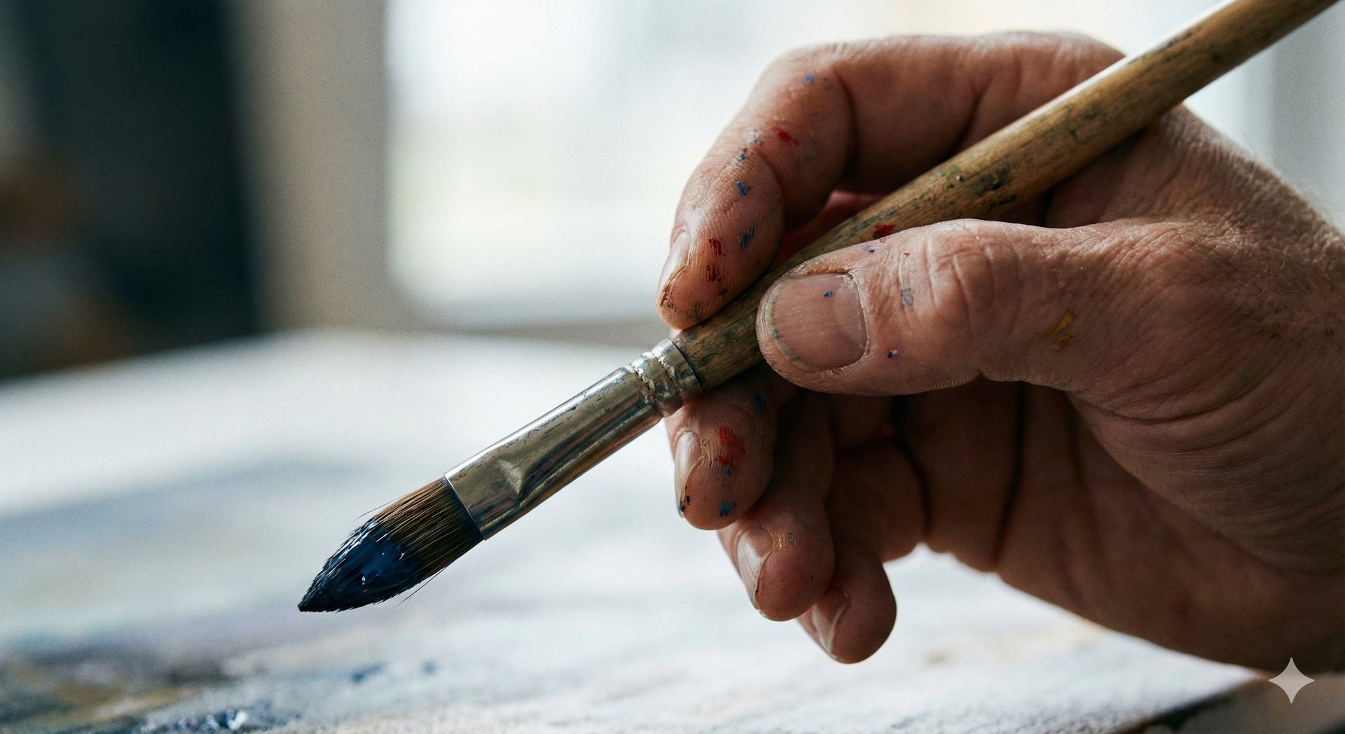 A mão respingada de tinta, segura um pincel com a ponta azul.