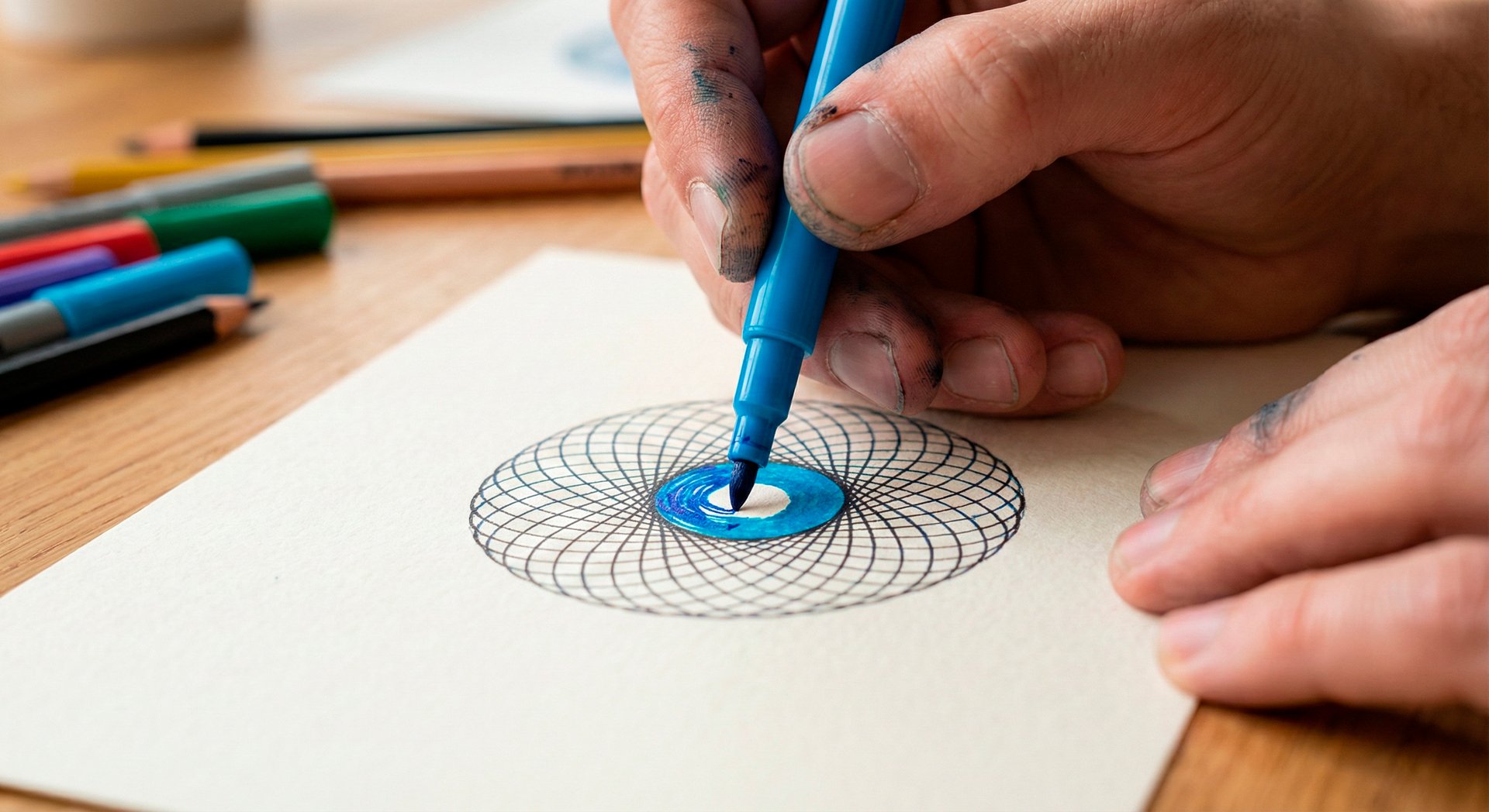 Os traços de uma mandala em preto e branco vão pouco a pouco sendo coloridos.