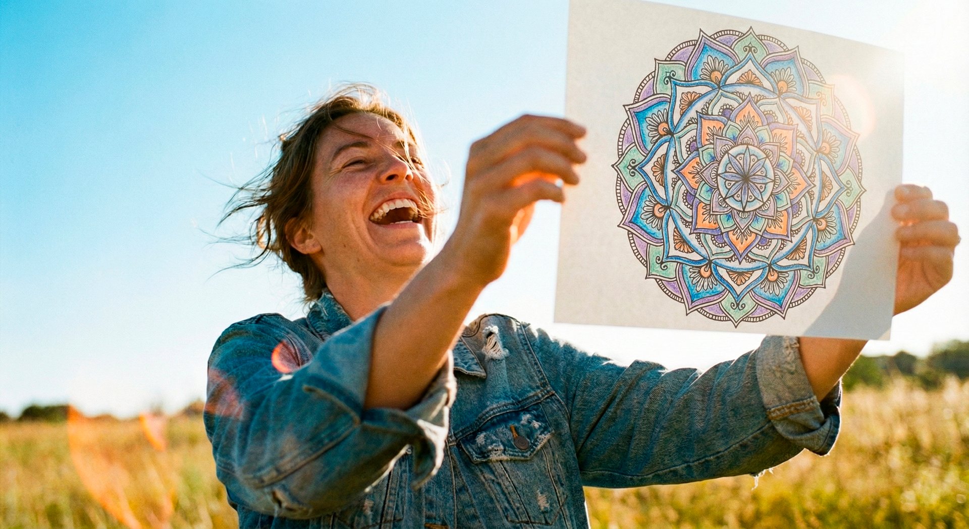 Uma mulher participa de uma seção de arte-terapia e sorri ao mostrar o resultado do seu progresso.