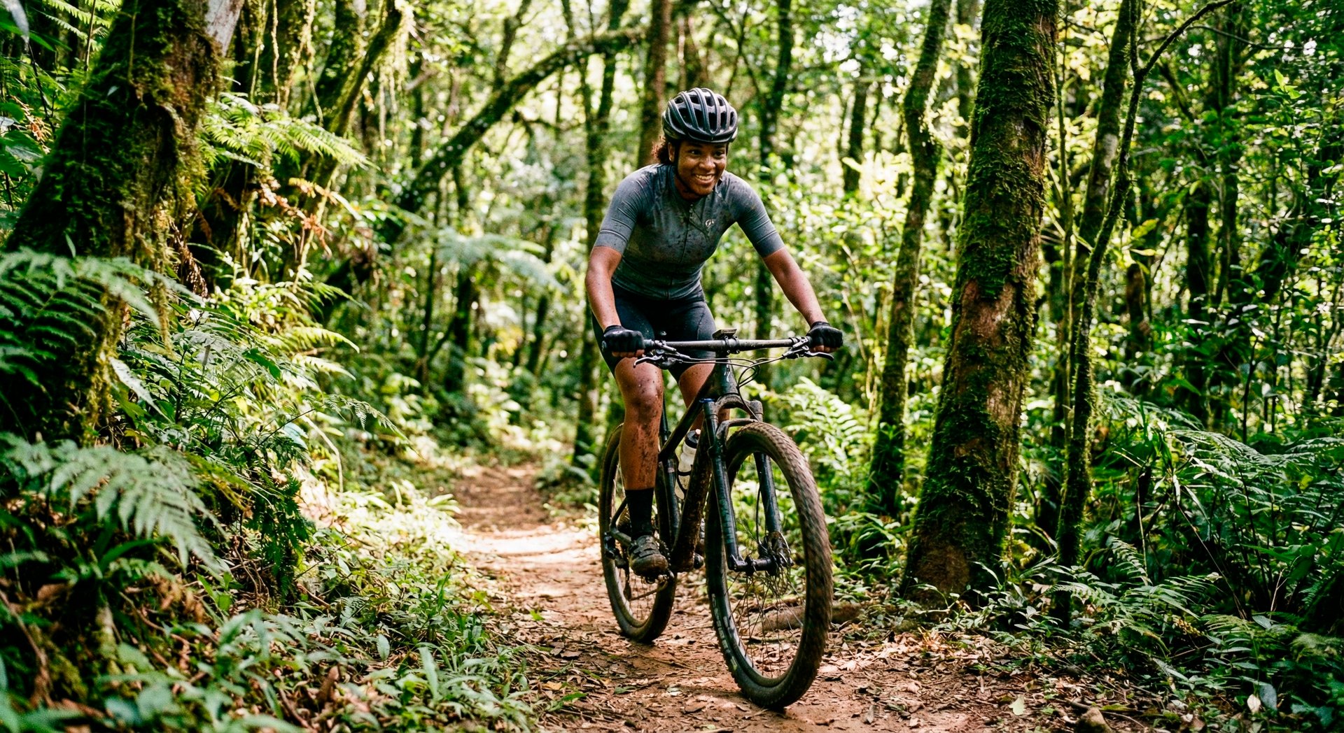 Uma pessoa pedala a bicicleta por uma trilha entre a floresta.