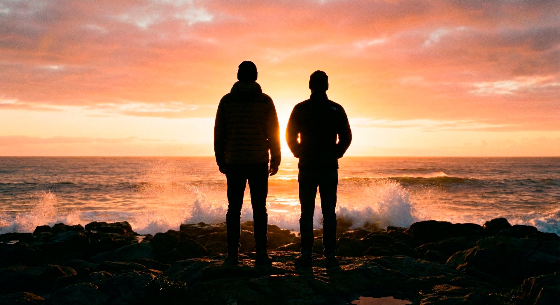 Duas pessoas olham para o nascer do sol sobre as ondas do mar.