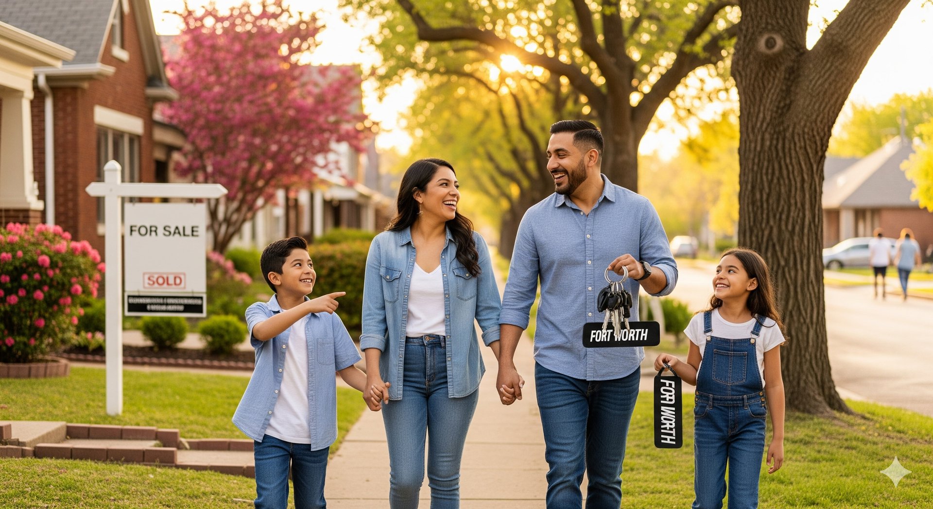 a family walking down a sidewalk with a sign that says for sale