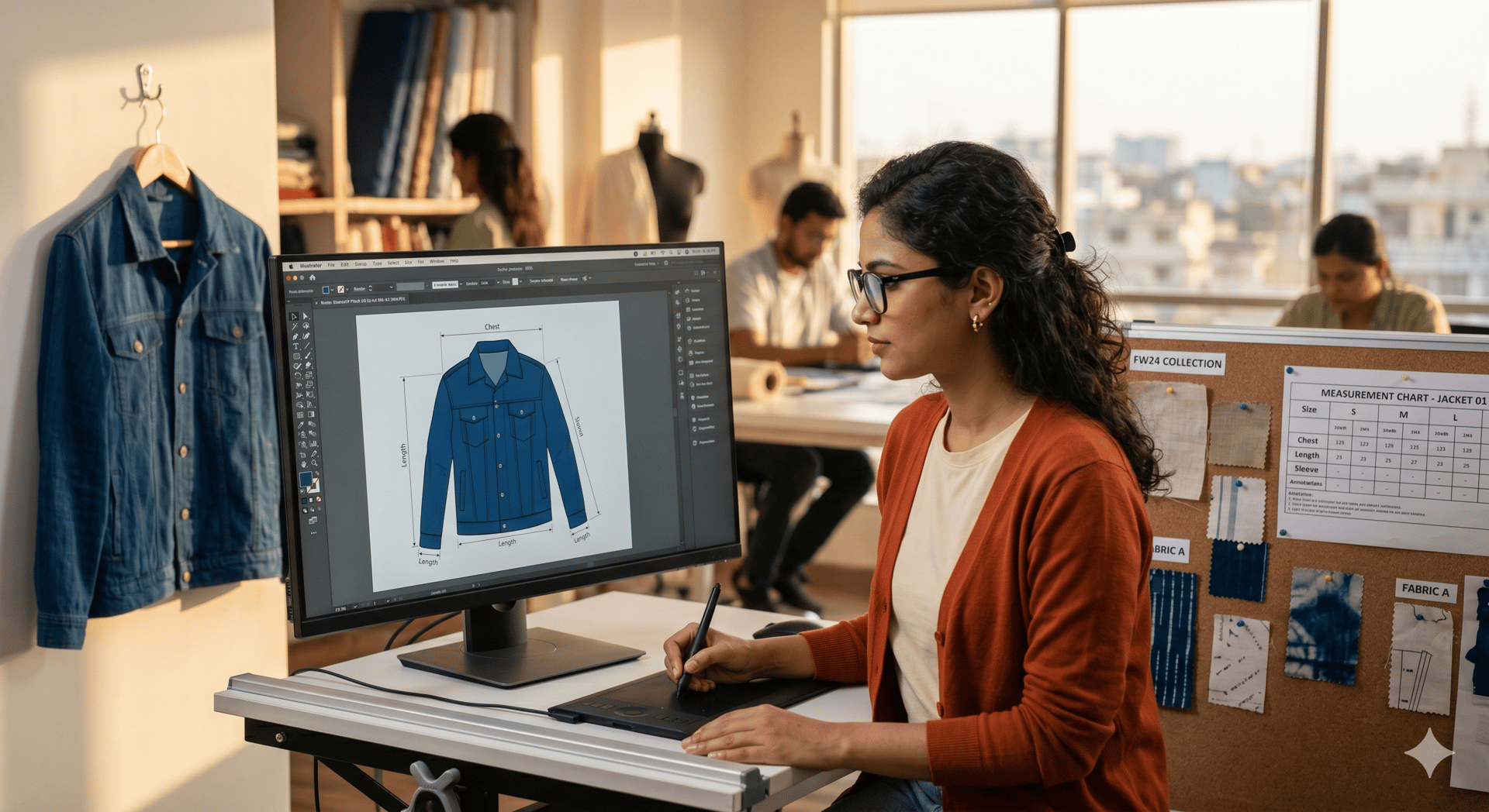 Fashion tech pack creation — technical designer creating clothing manufacturing documentation for private production in India