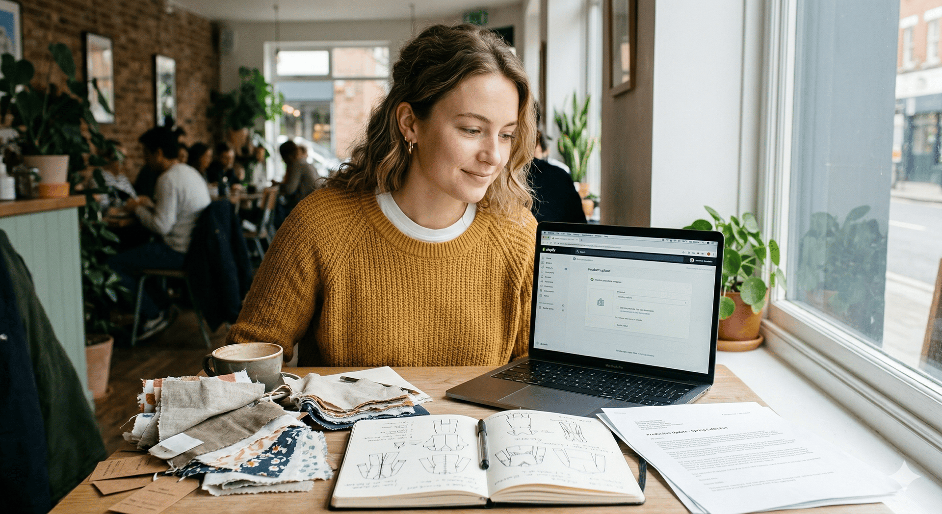 Fashion startup founder researching clothing manufacturers for new brand launch