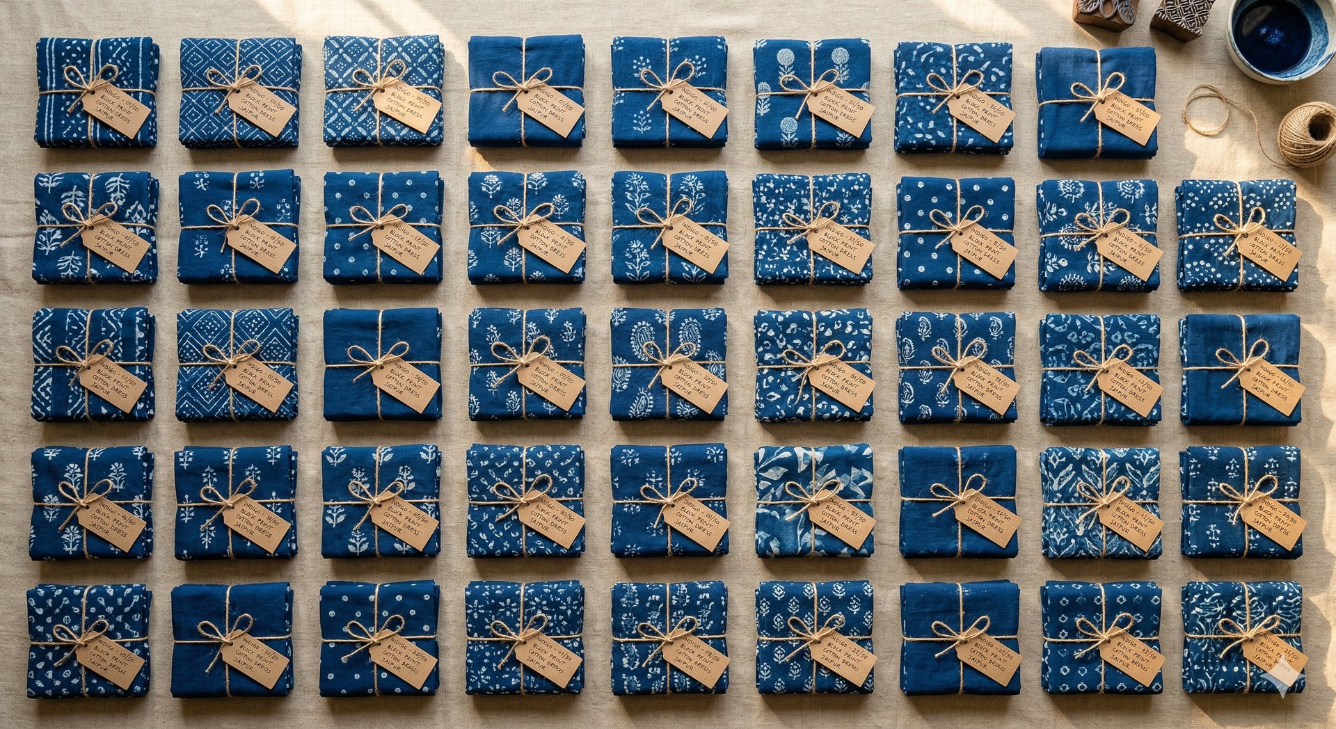 Low MOQ clothing manufacturing India — small batch 50 unit production run of custom block print dresses by Ashanari Jaipur