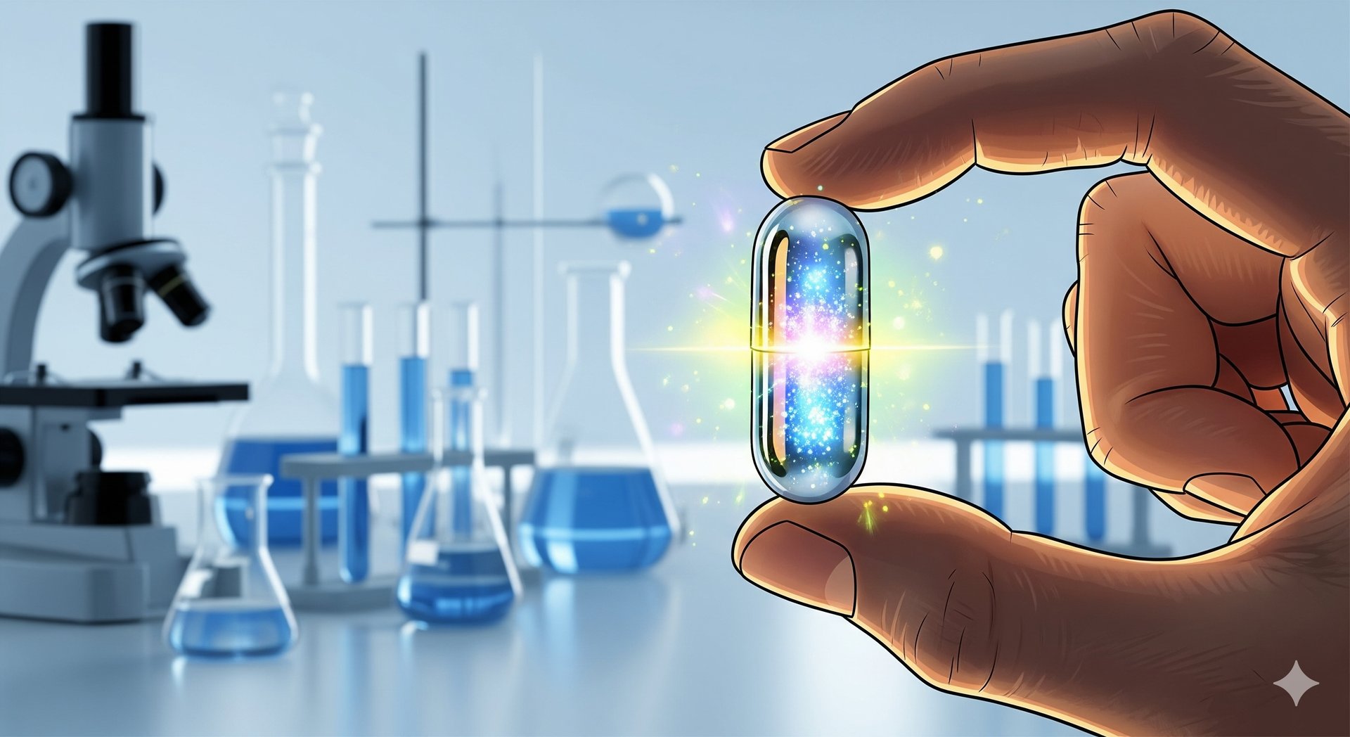 A close-up shot of a human hand holding a clear capsule with a vibrant, glowing substance inside, se