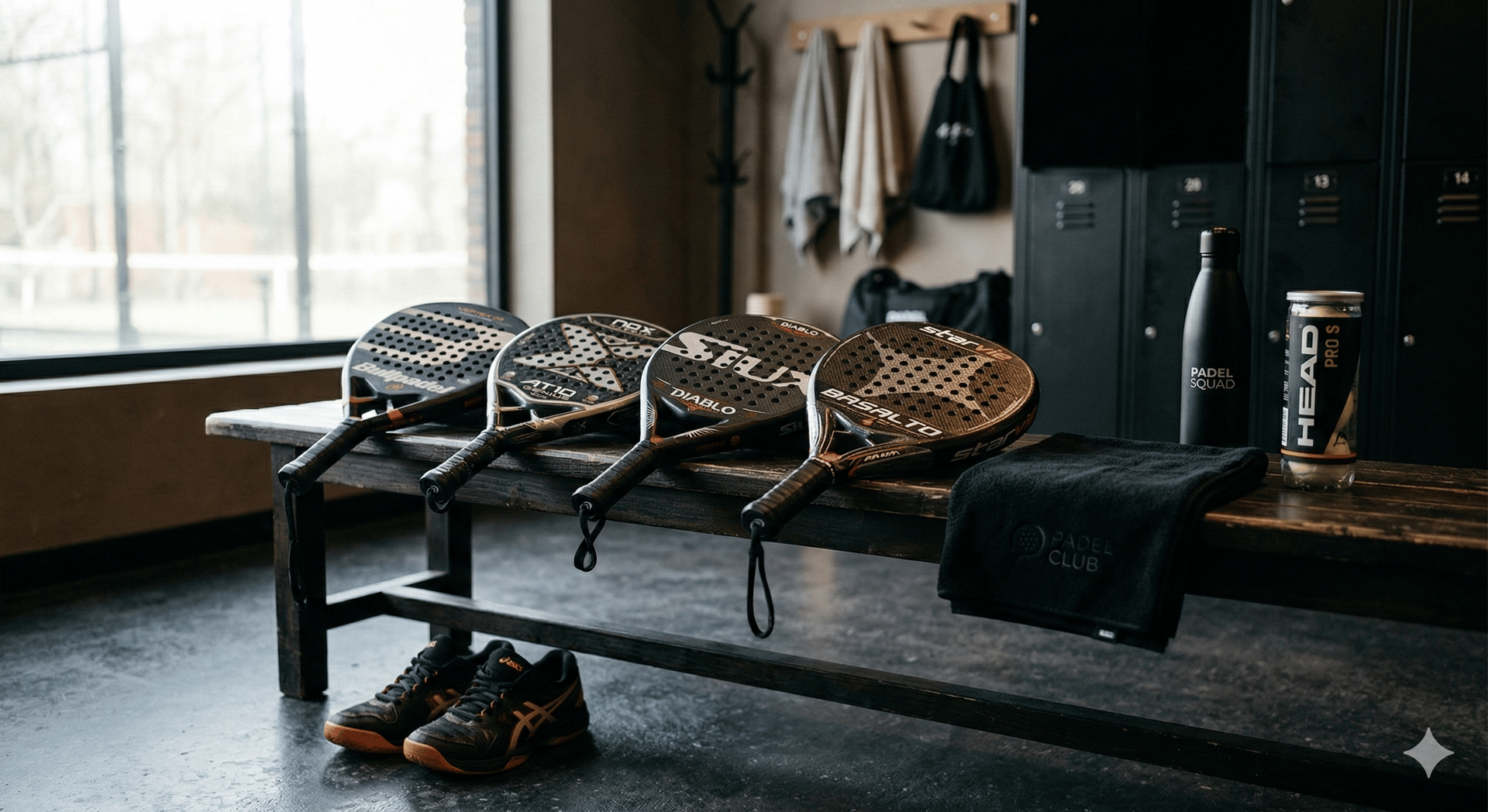 Test de raquettes de padel et équipements sur un banc de vestiaire. Avis, comparatif de matériel et 