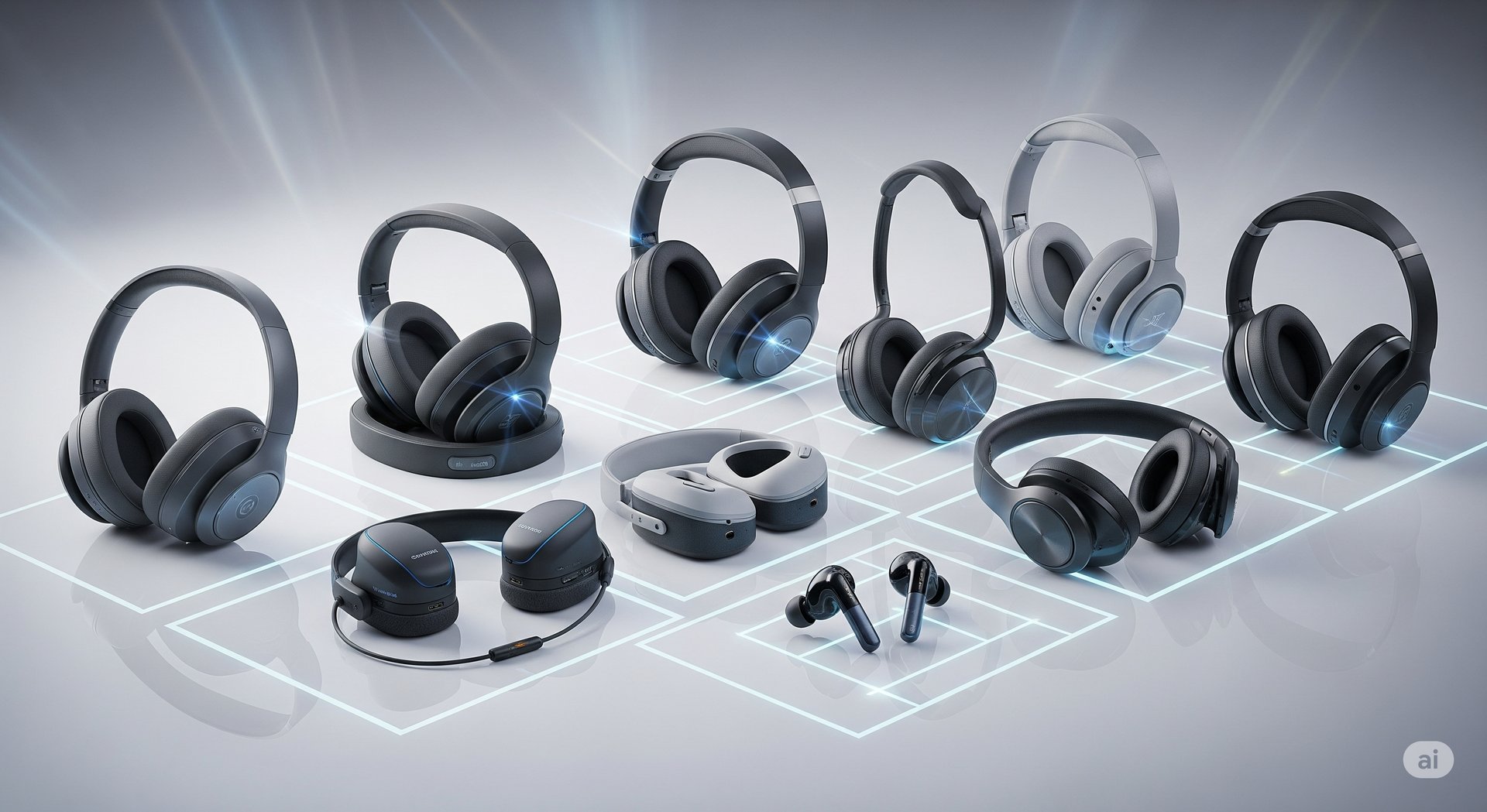 um grupo de fones de ouvido e auriculares em exposição