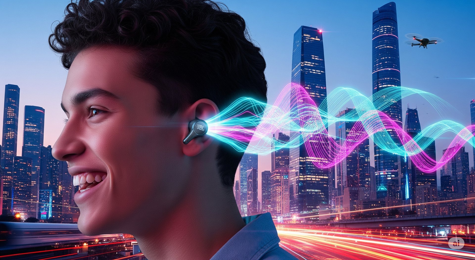 um homem com fones de ouvido e um fone de ouvido Bluetooth