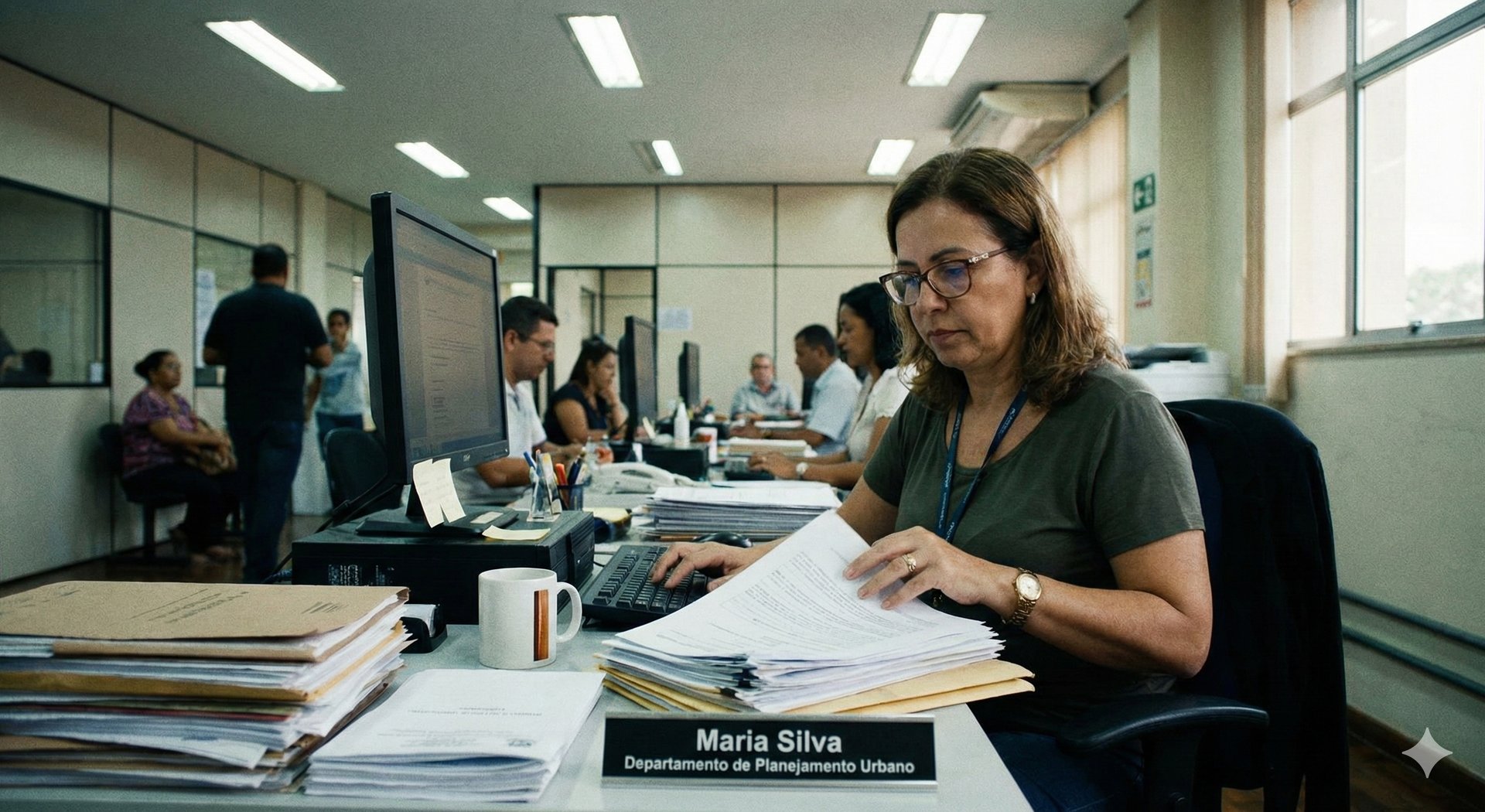 Imagem de uma servidora pública de cerca de 50 anos mexendo em papéis em sua mesa