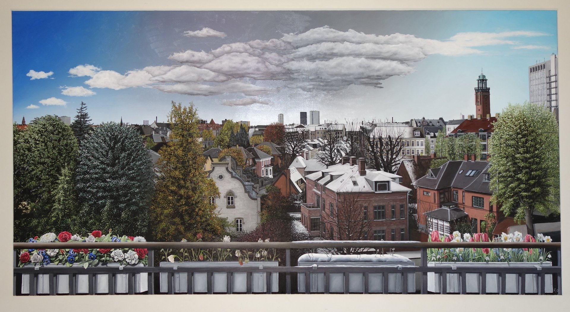 Panoramic cityscape oil painting of a European town with rooftop gardens and fluffy clouds.