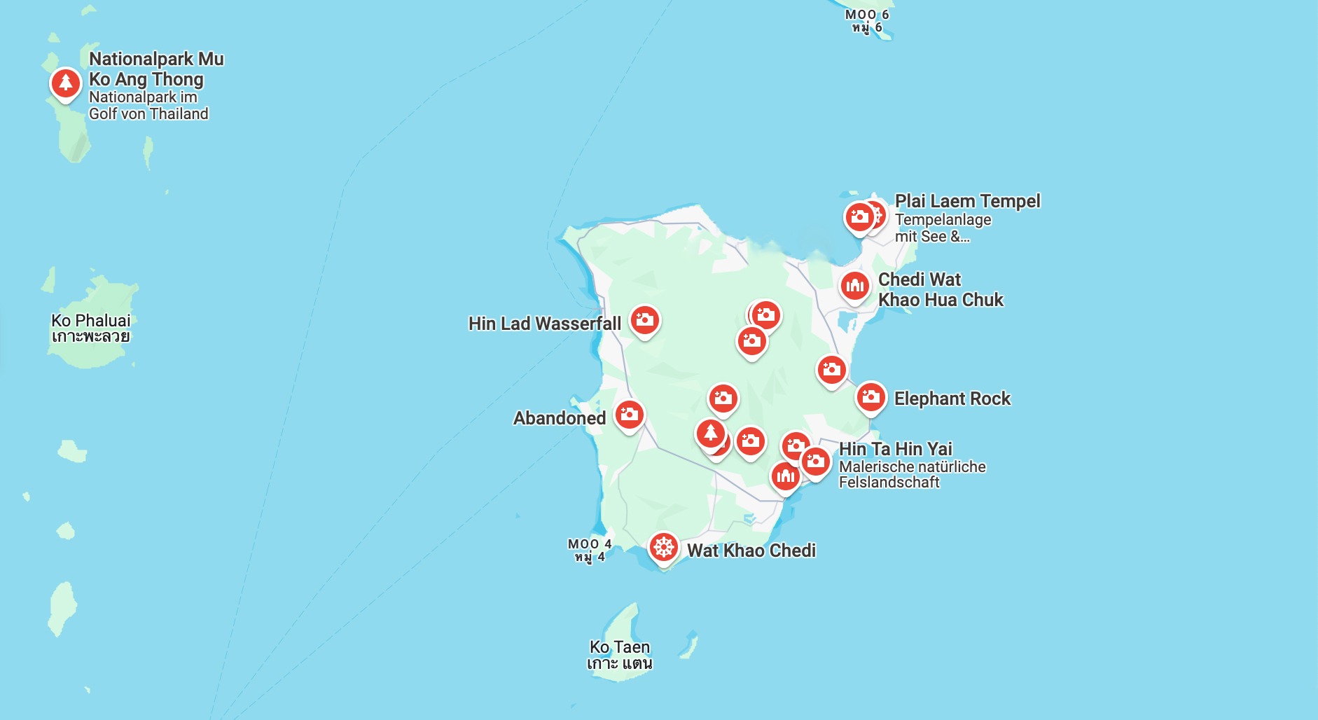 Map of photo shoot locations on the island of Samui, Thailand.