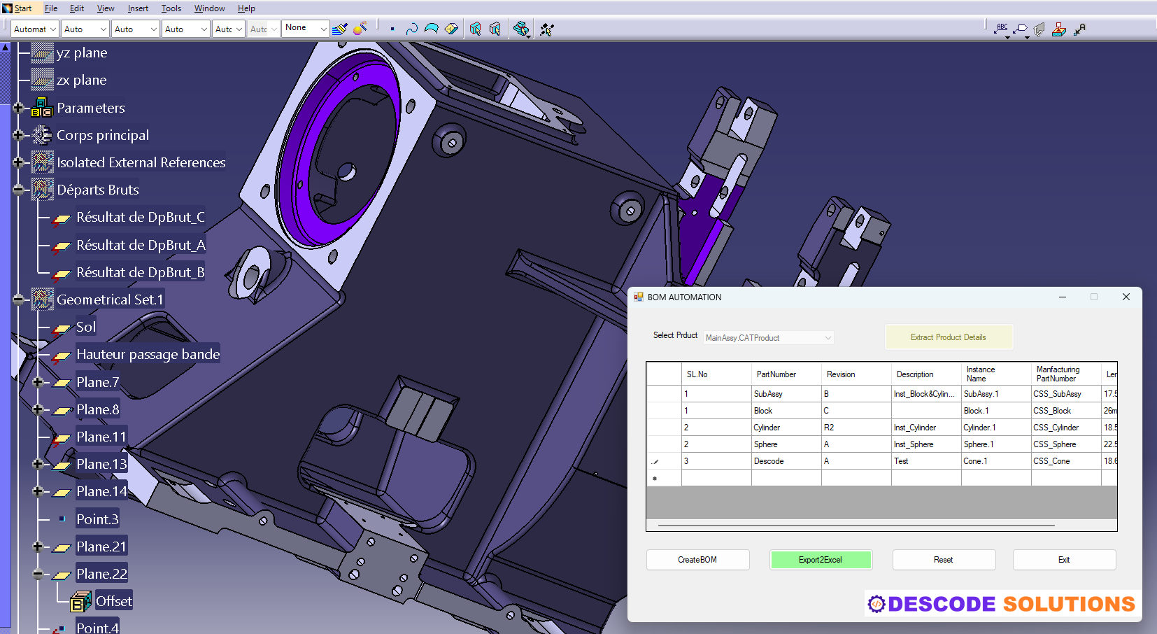 Image depicts BOM automation tool developed using CATIA Automation