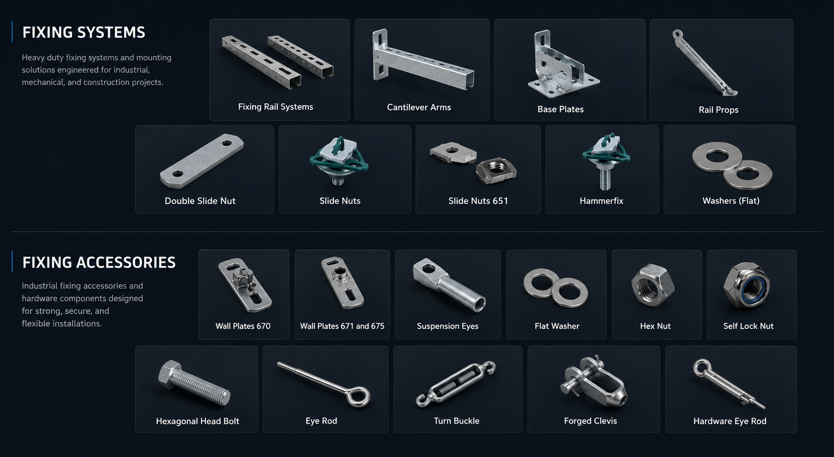 Industrial fixing systems and hardware accessories including cantilever arms, slide nuts, and hex bolts.