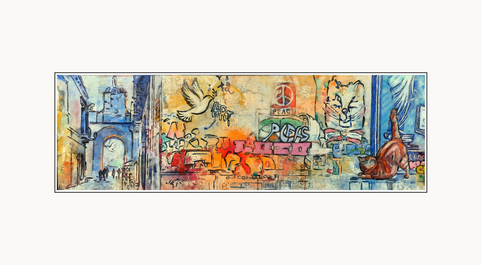 Pace by Coby Hurtak. Layered painting showing a blue archway and a cat near peace graffiti.