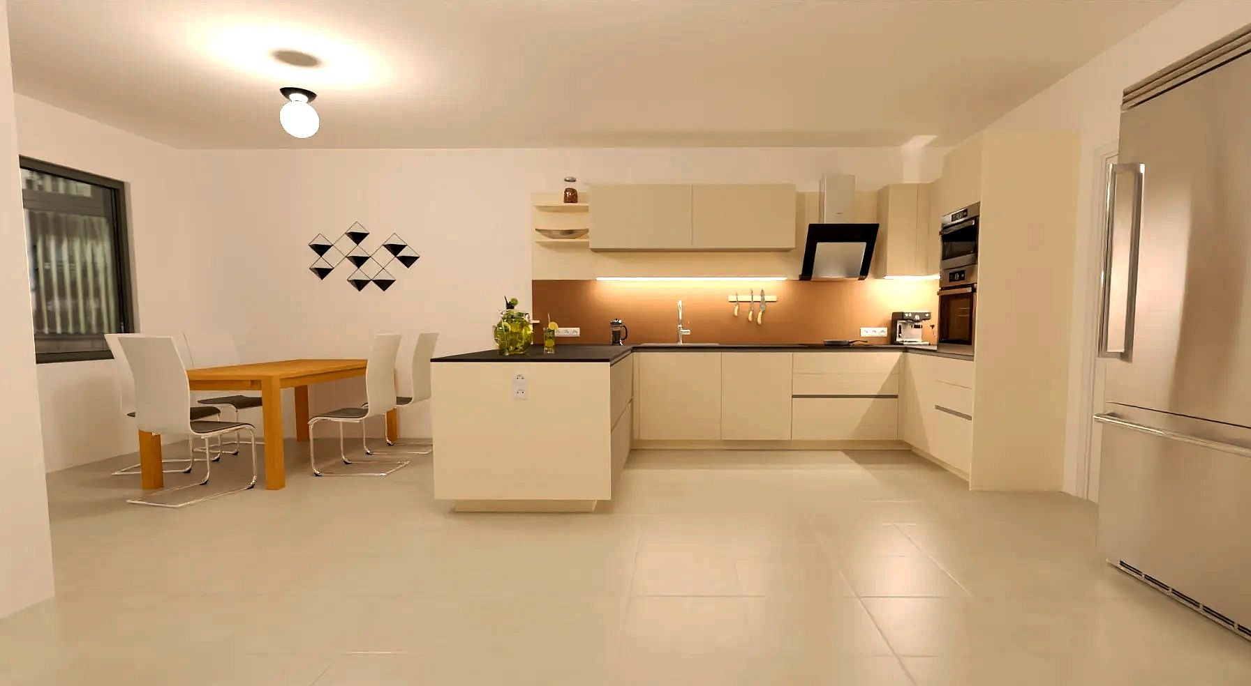 a kitchen with a table and chairs and a table