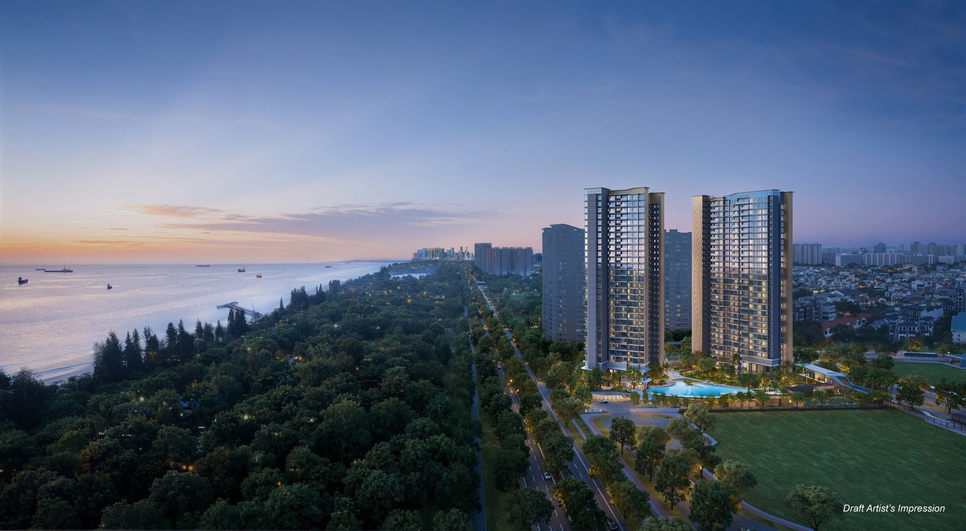 Luxury high-rise residential apartments at sunset with ocean views and lush green parkland.