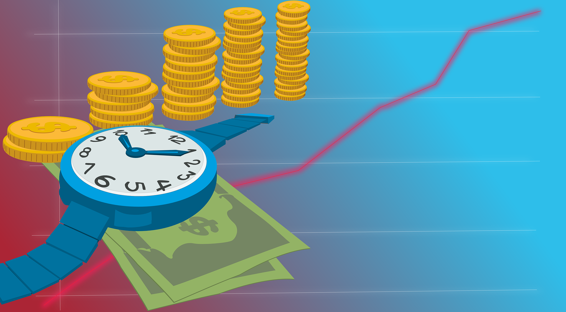 watch, money, coins, and a chart line for investing