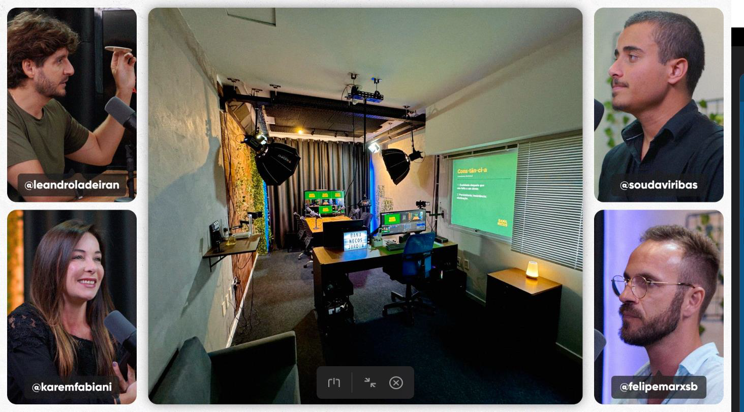 foto real profissional do estúdio bananecos parceiro do podcast pod com will na foto também imagens de cortes de podcast