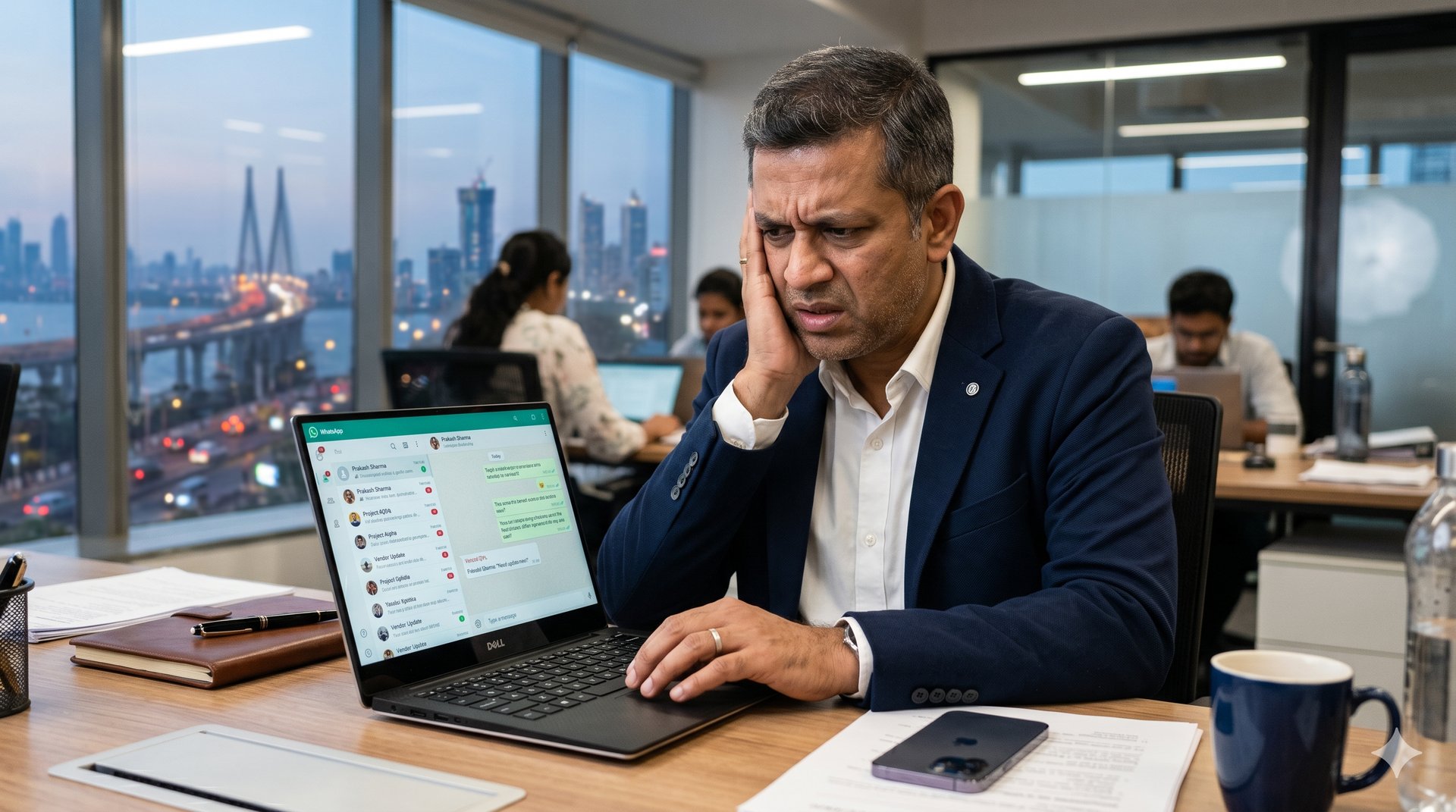 Stressed businessman in a modern office looking at a laptop with WhatsApp messages.