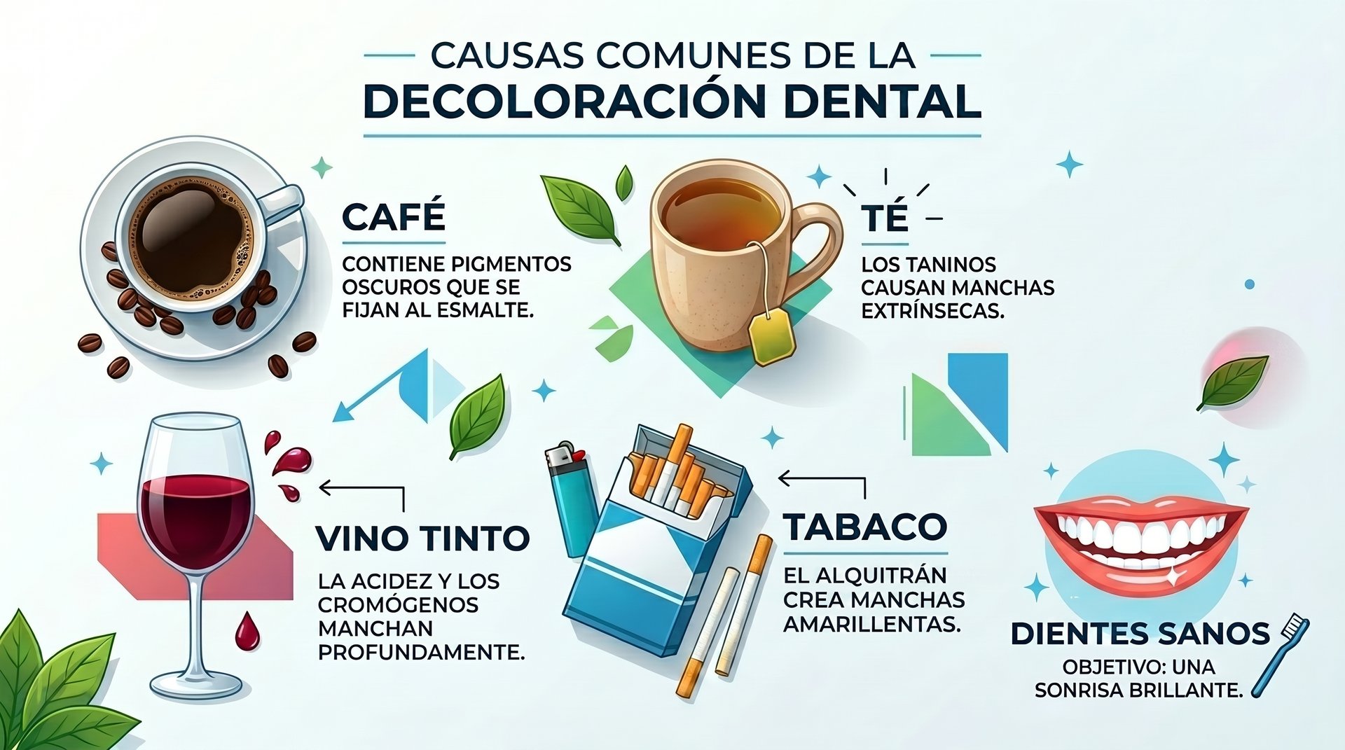Infografía en español sobre causas de la decoloración dental como café, té, vino tinto y tabaco para una sonrisa brillante.