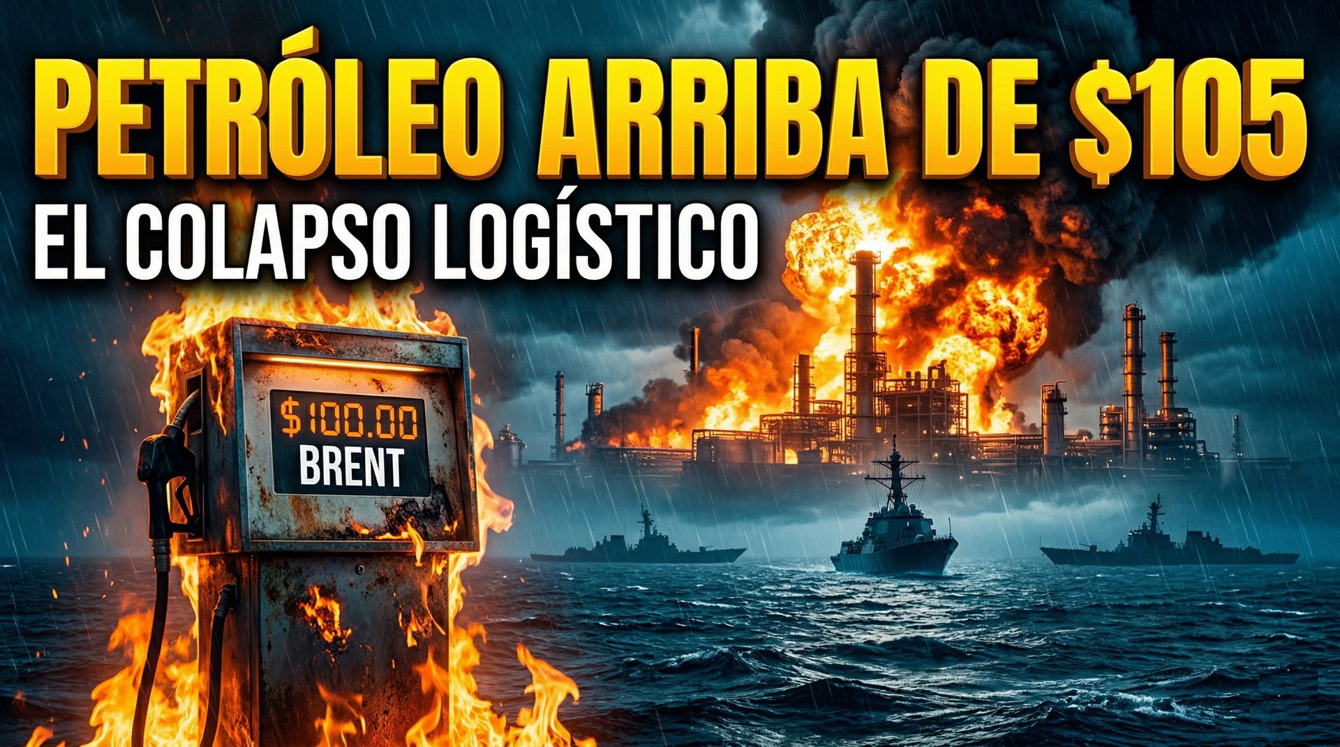 Infografía sobre crisis del petróleo con refinería en llamas, buques de guerra y surtidor de gasolina Brent.