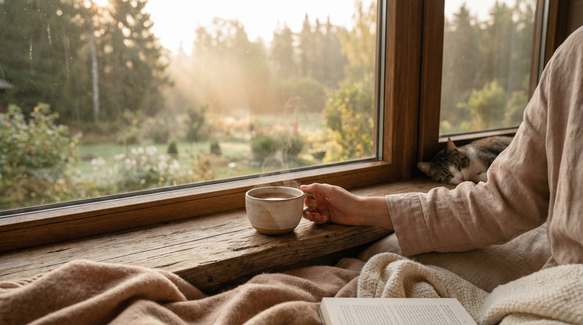 matin calme femme derrière une fenetre au soleil avec une tasse son chat dort à côté d'elle