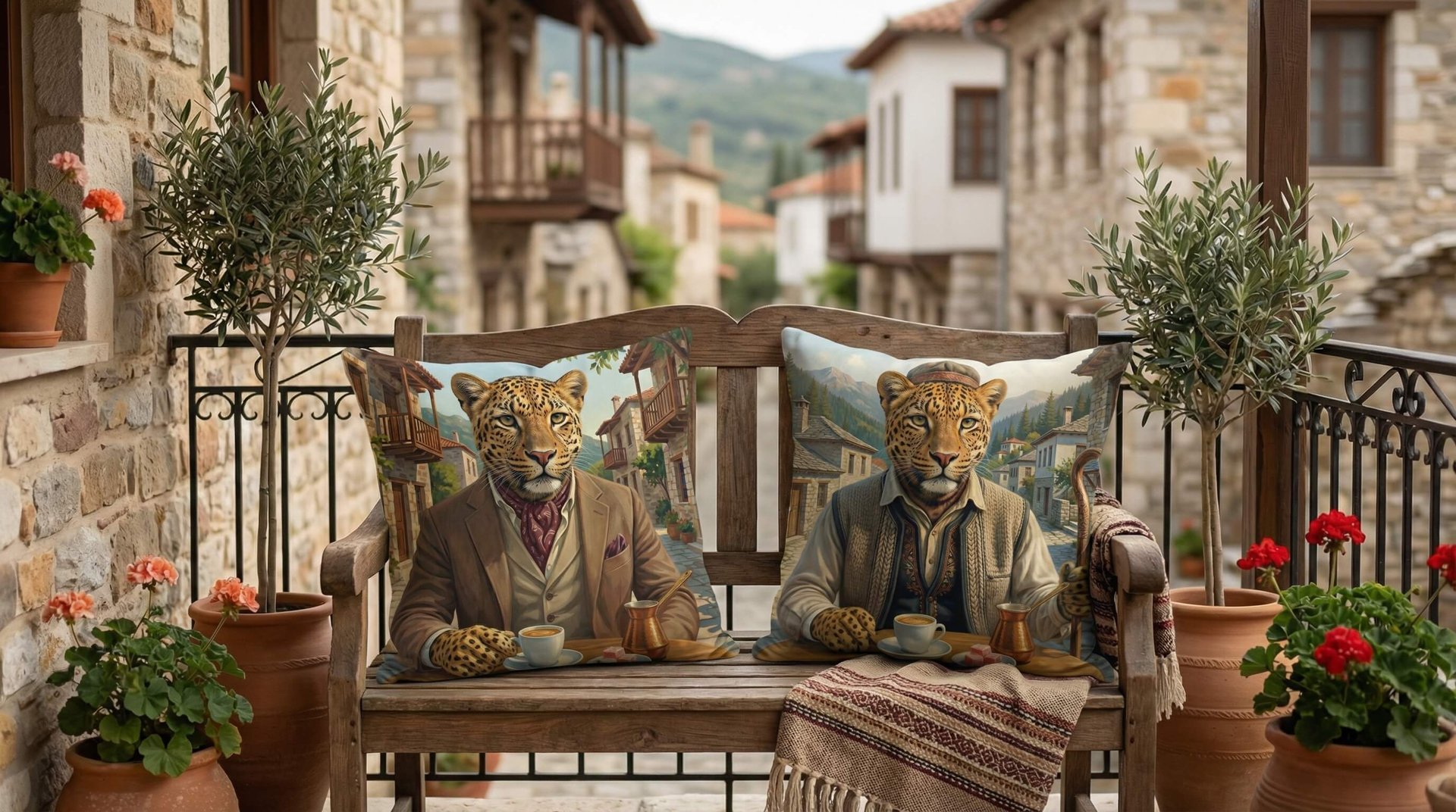 Custom leopard cushions on a rustic balcony bench in a Mediterranean village.