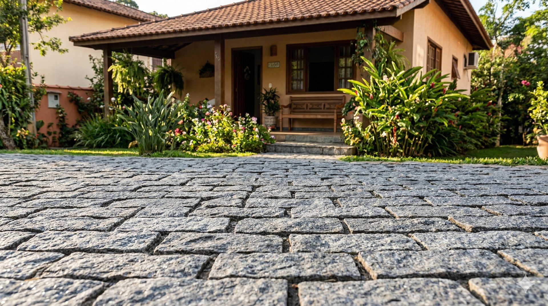 Pedra miracema cinza 11,5x23 assentada no chão da calçada e garagem passeio area externa 