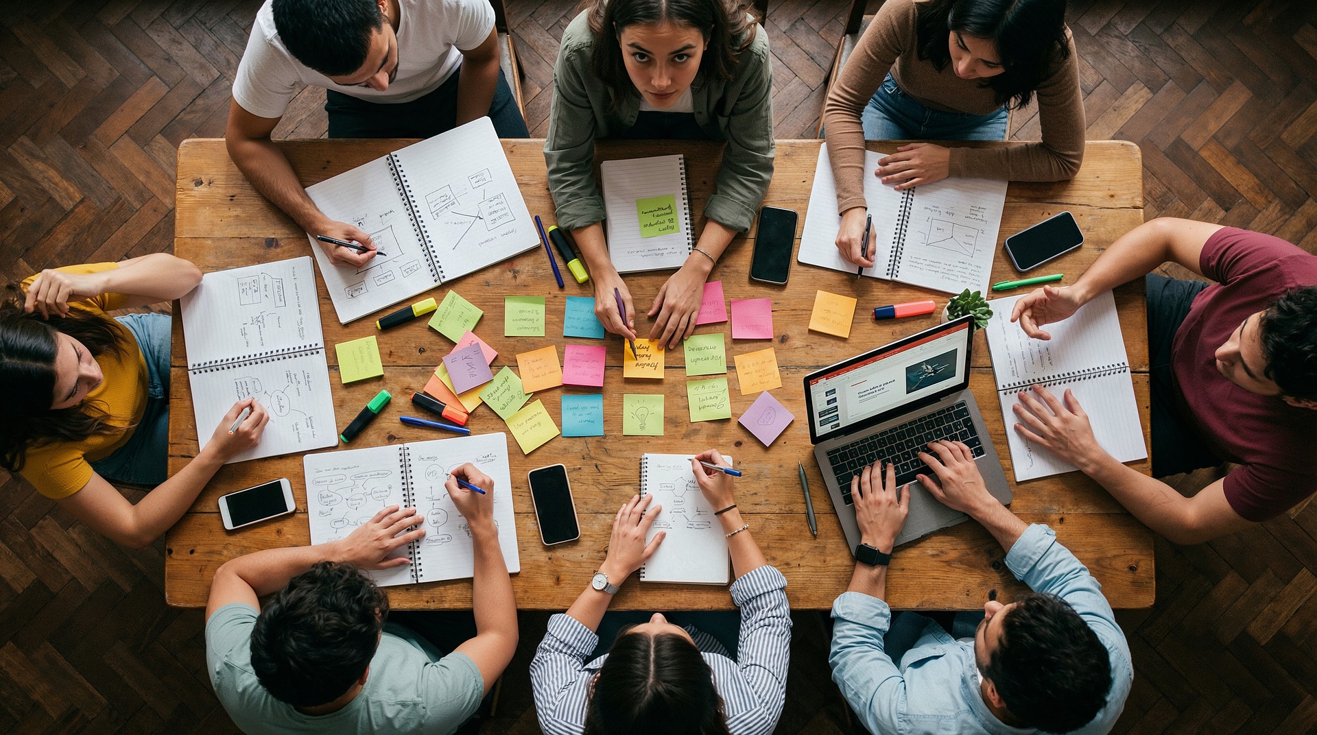 Team gathered around a table working with sticky notes, laptop, and pen and paper