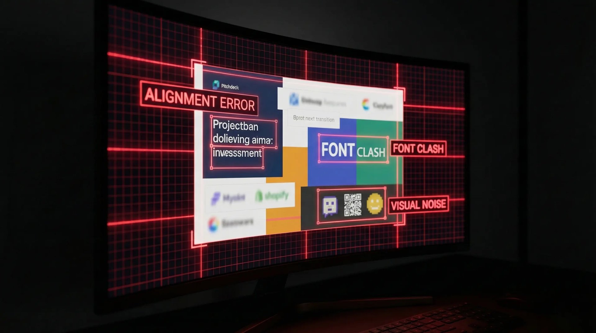 Pitch deck design audit highlighting formatting errors.