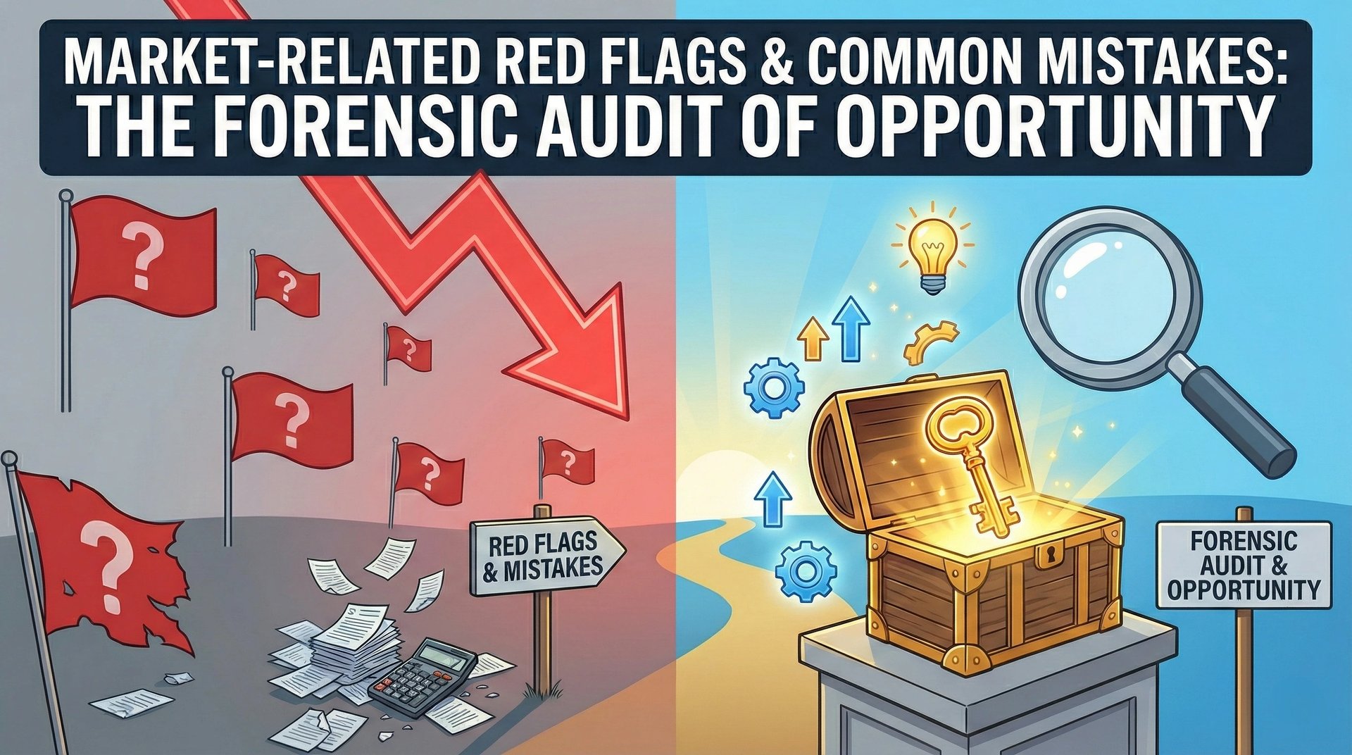 Split-screen graphic titled Market-Related Red Flags and Common Mistakes contrasting business risks 