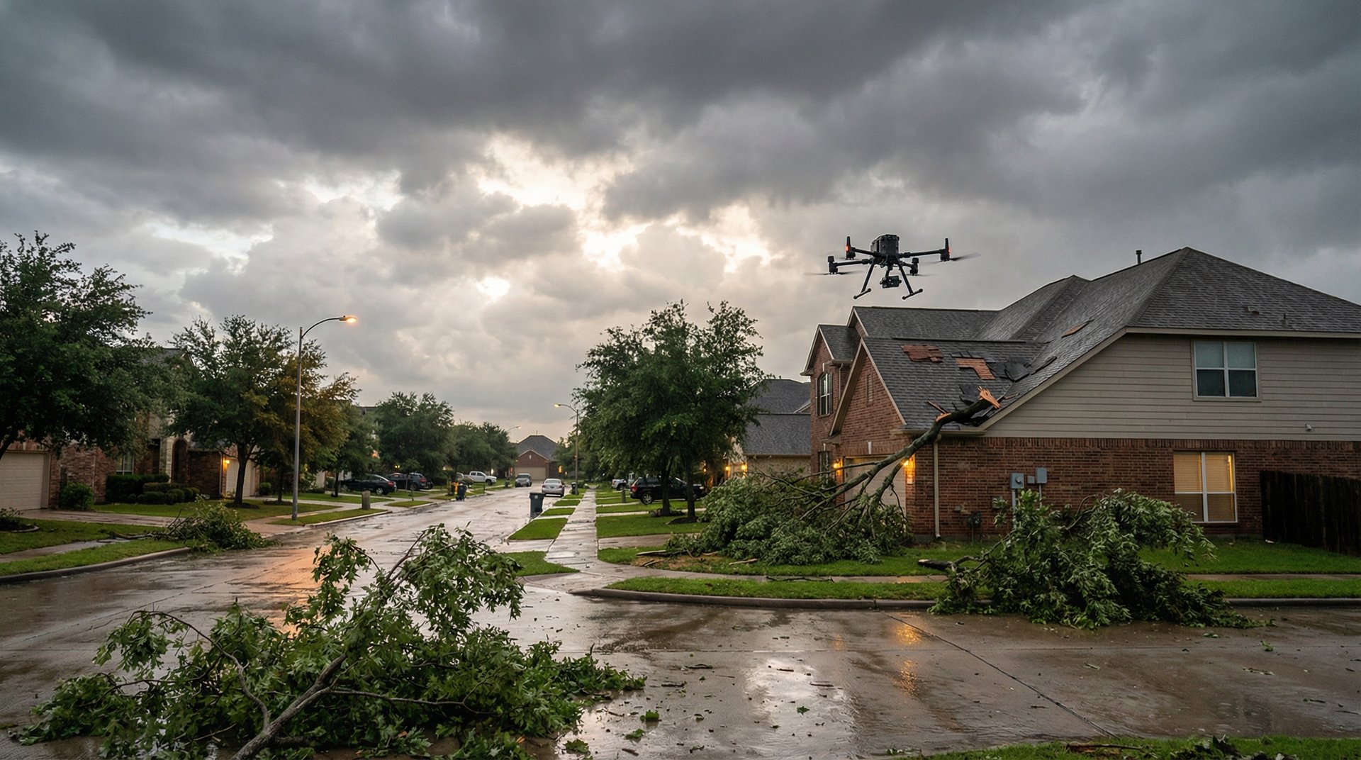 Dron inspekcyjny przy uszkodzonym dachu po silnej burzy i połamanych gałęziach na mokrej ulicy